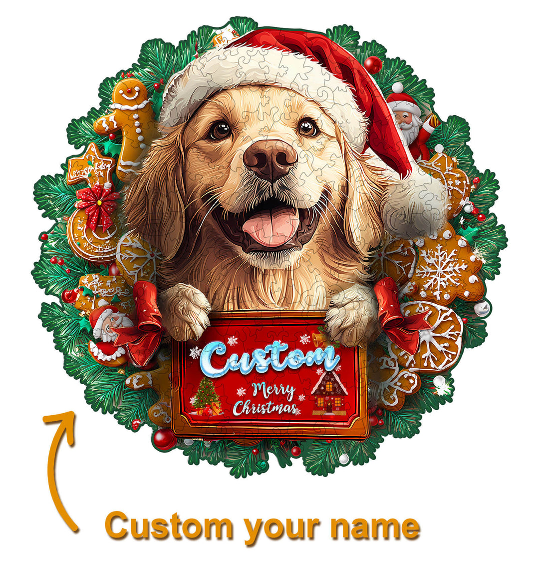 Christmas Golden Retriever Custom Name Wooden Jigsaw Puzzle