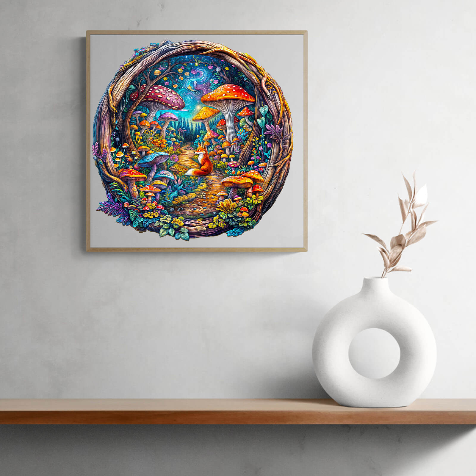 Colorful 3D Mushroom Forest puzzle artwork displayed on a shelf, featuring vibrant mushrooms and enchanting forest scenery.