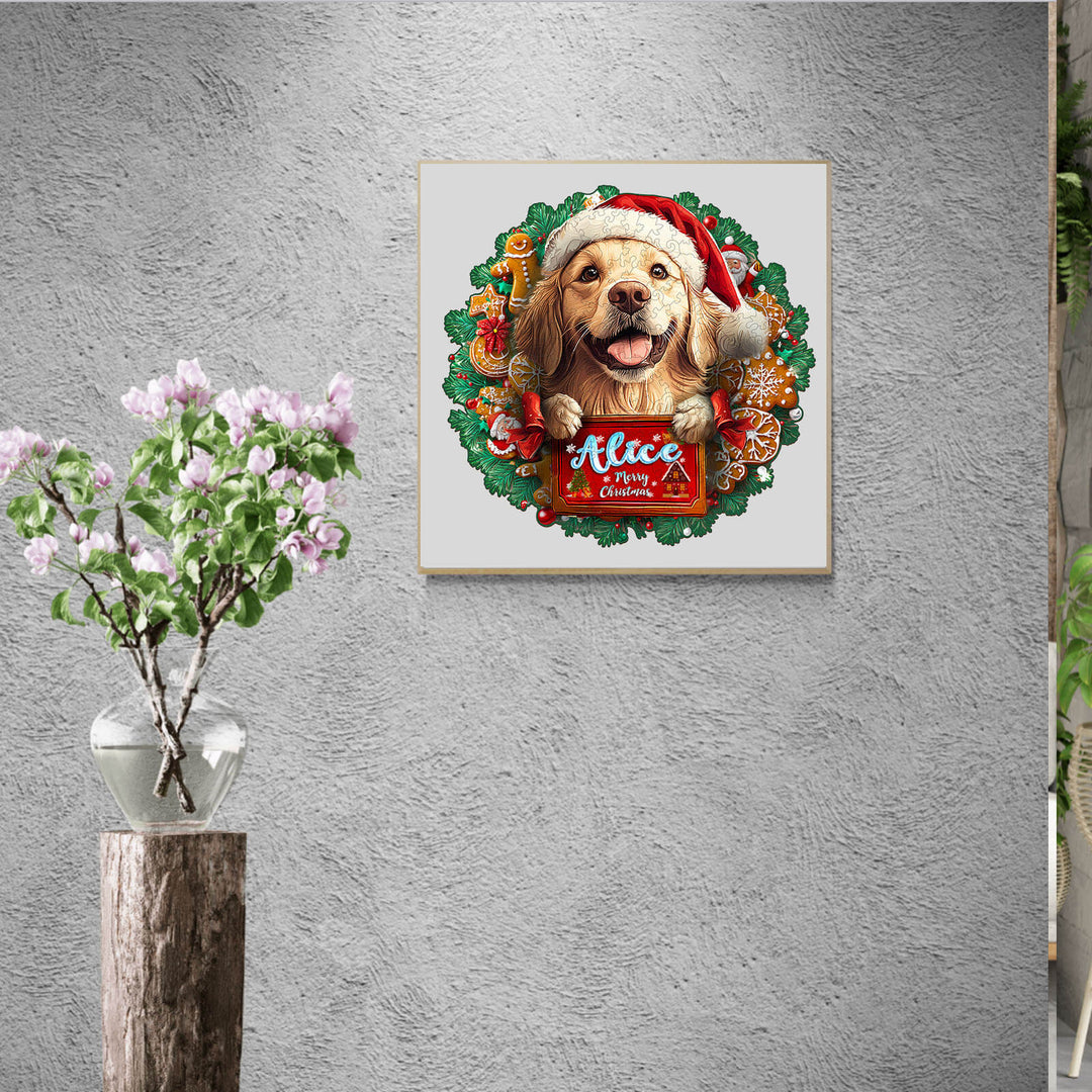 Christmas Golden Retriever Custom Name Wooden Jigsaw Puzzle