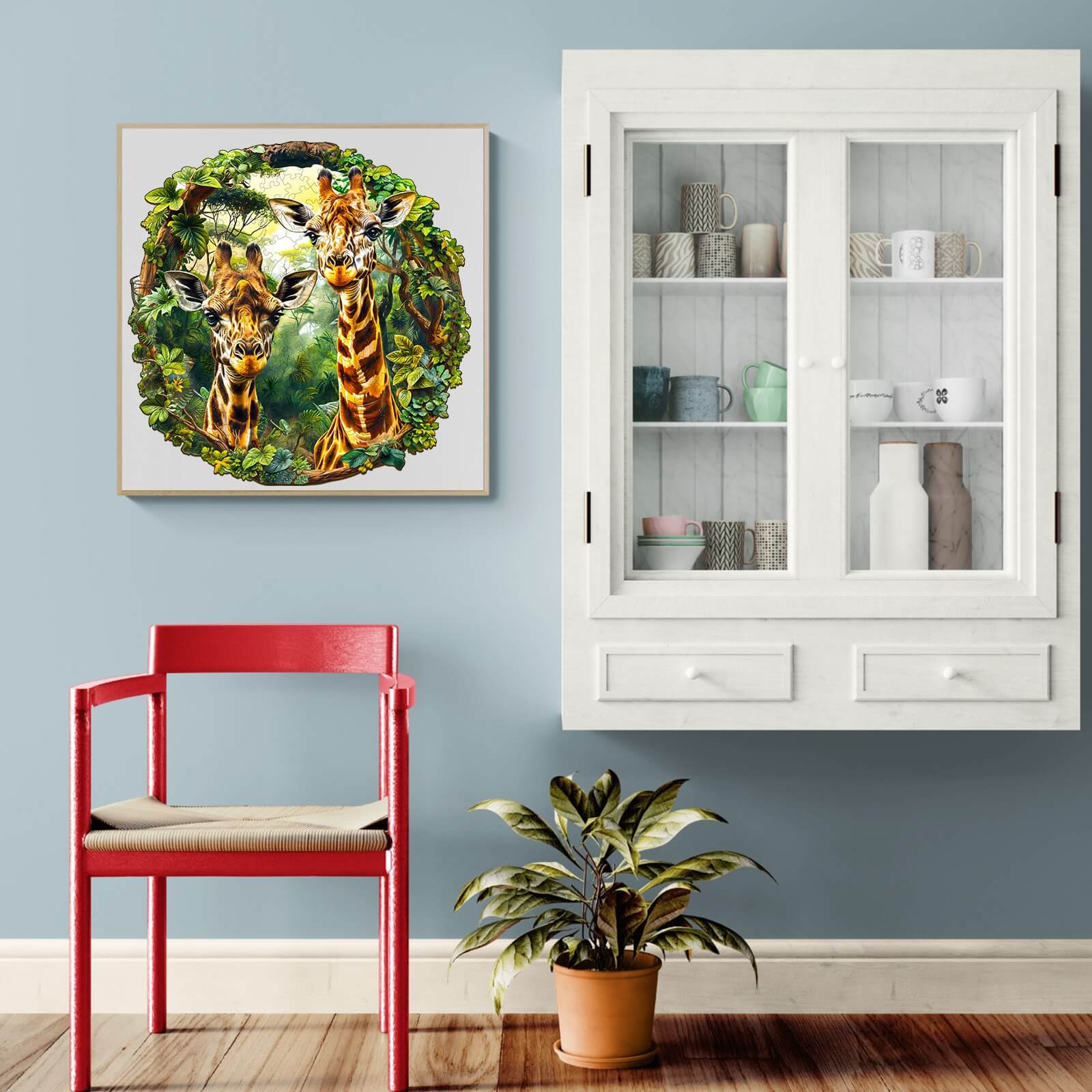 Giraffe-2 Wooden Jigsaw Puzzle displayed in a cozy environment with a stylish chair and modern cabinet.