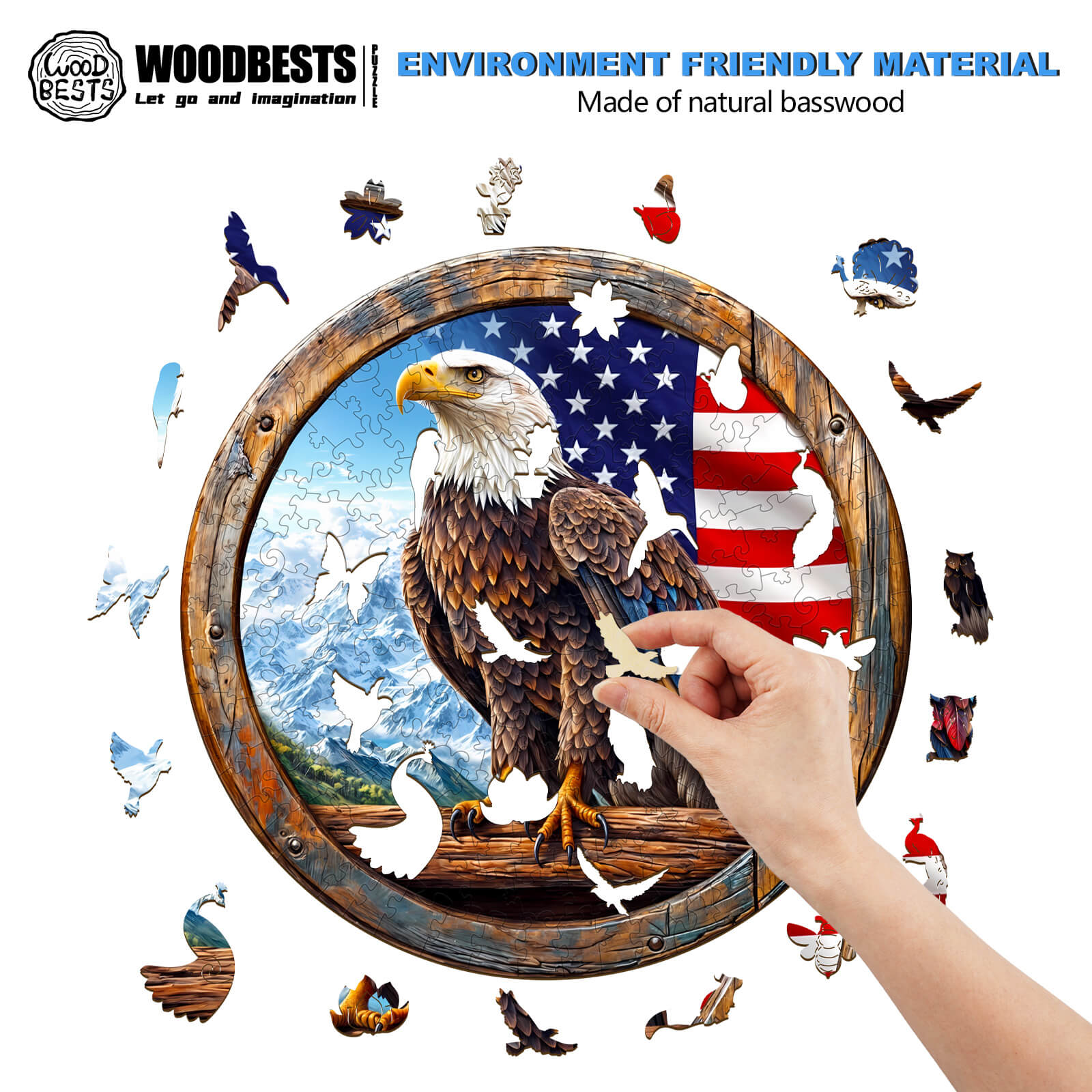 3D bald eagle wooden jigsaw puzzle with colorful pieces and a hand assembling it. Made of natural basswood.