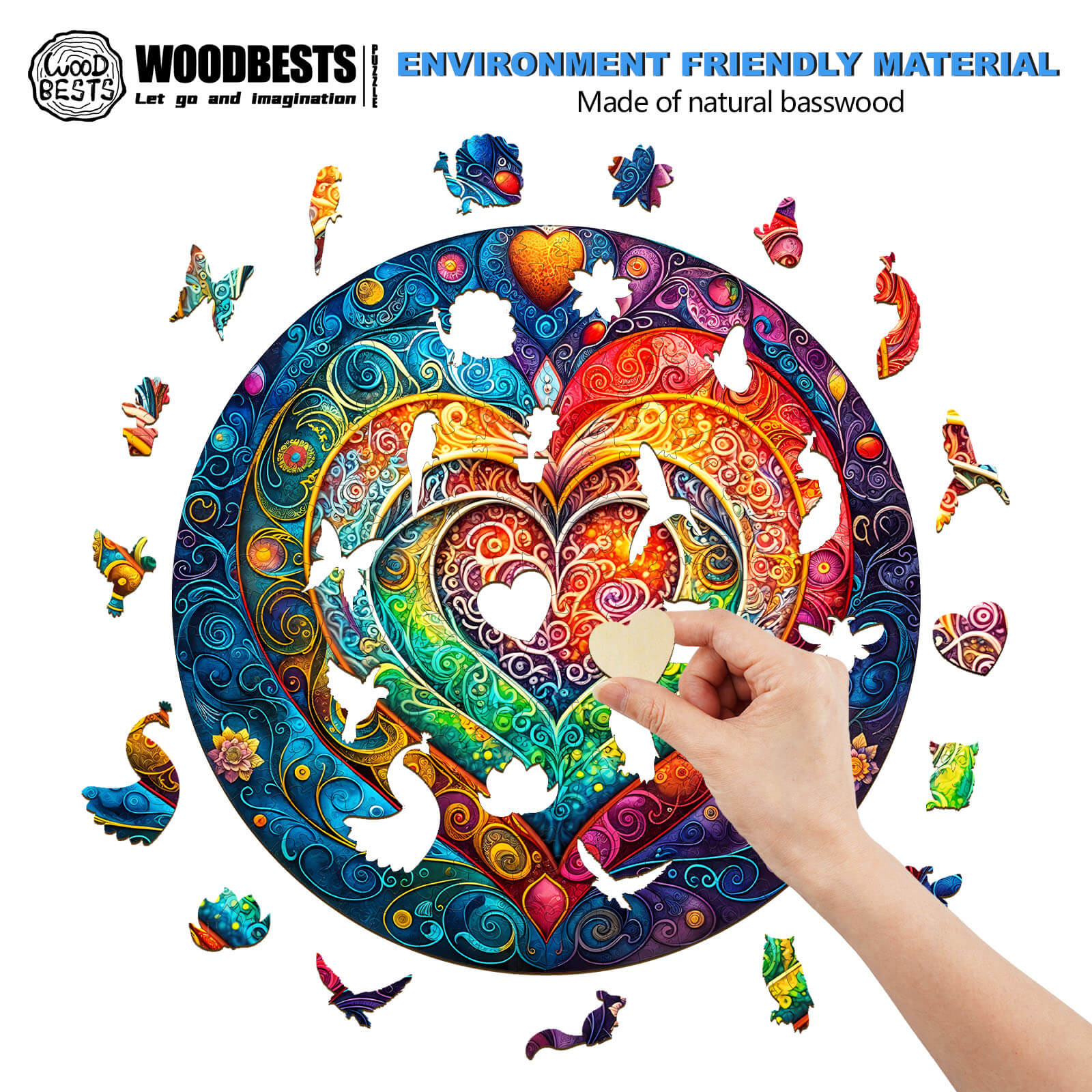 Colorful mandala heart wooden jigsaw puzzle being assembled, promoting focus and mindfulness.