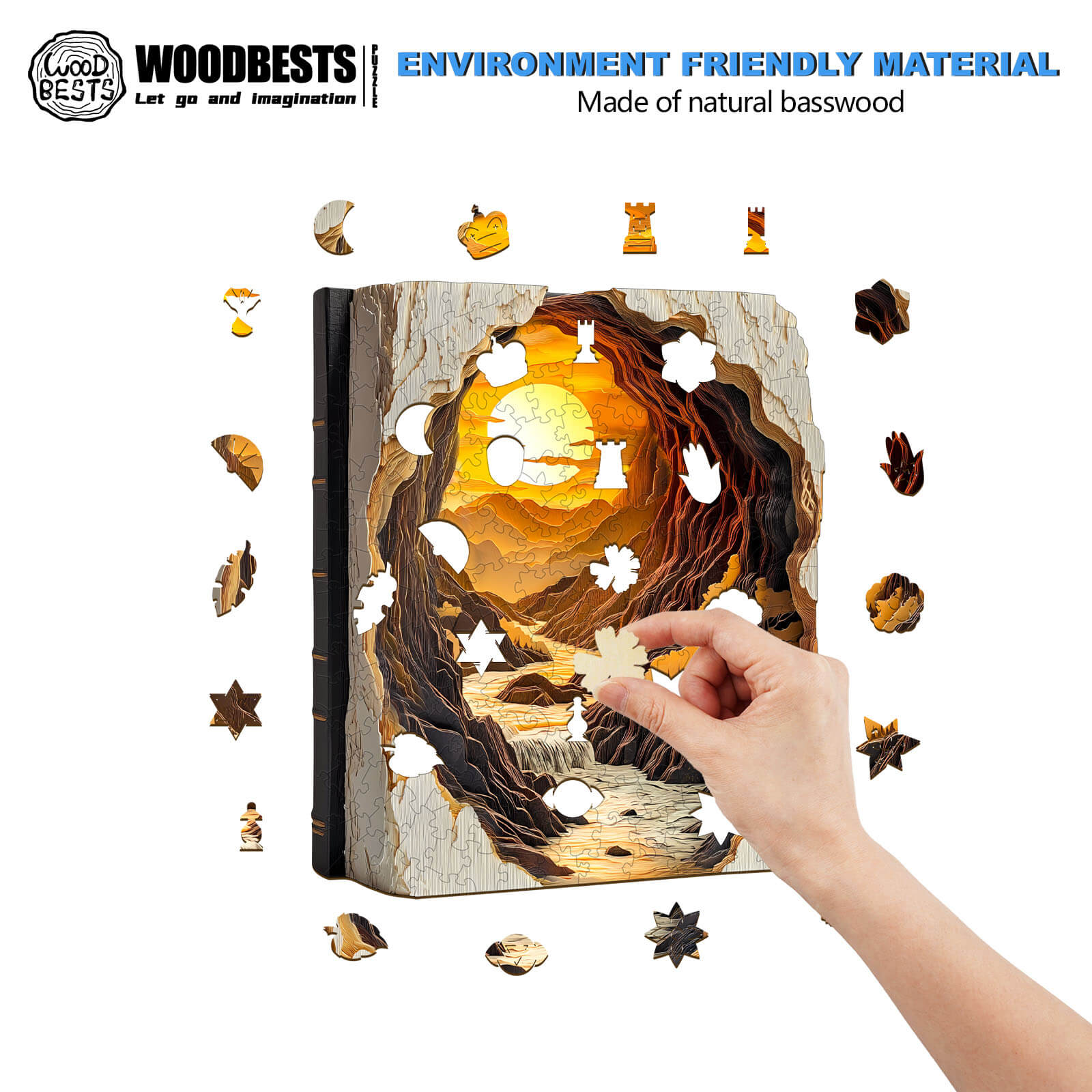 Hand placing a piece in a 3D Sunset in a Book wooden jigsaw puzzle, made from natural basswood.