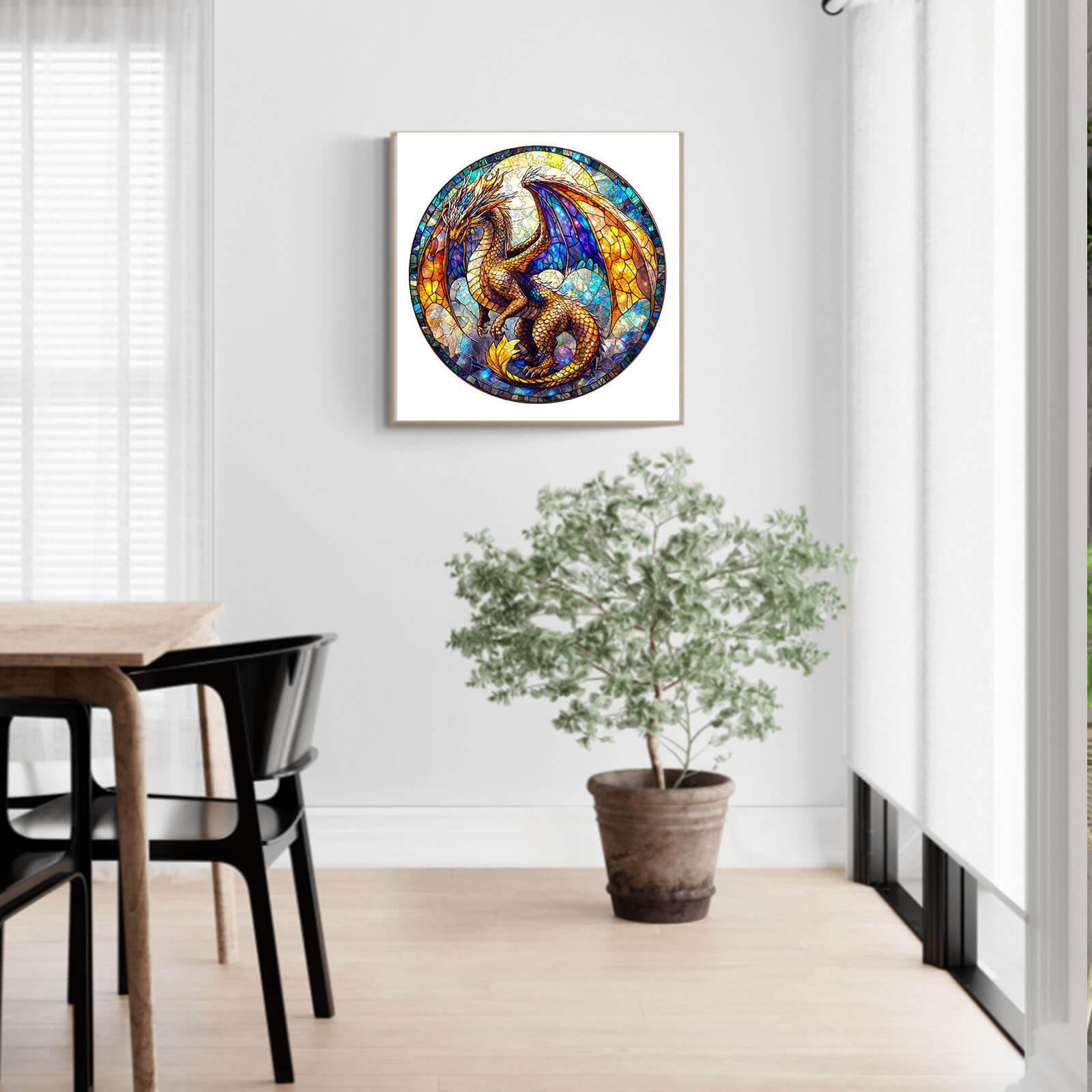 Beautiful stained glass artwork of a golden dragon, displayed in a bright living room with greenery.