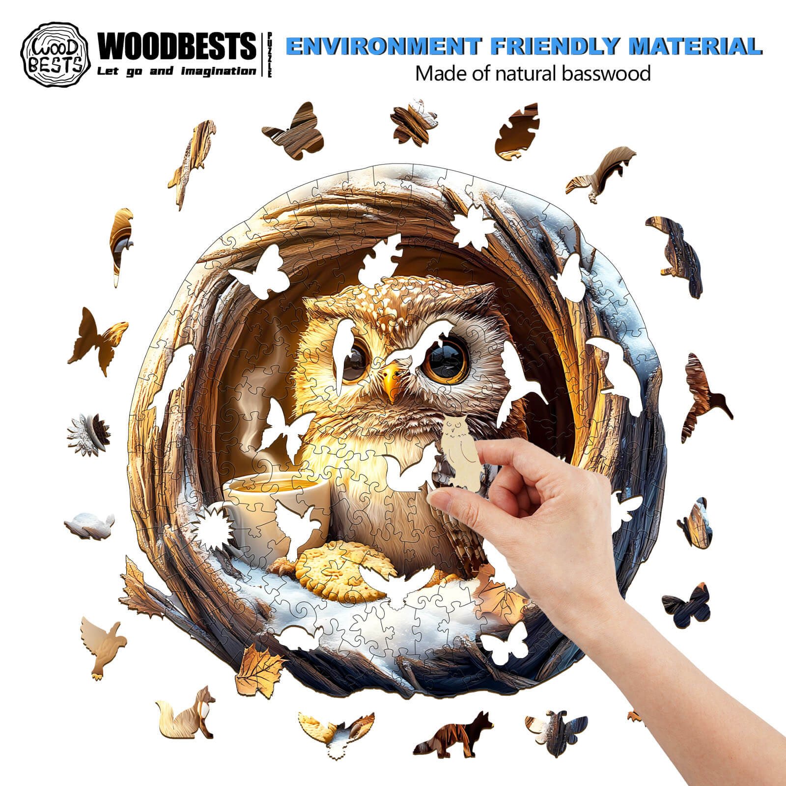 Hand assembling a wooden 3D Cave Cute Owl jigsaw puzzle made from natural basswood, showcasing wildlife and butterflies.