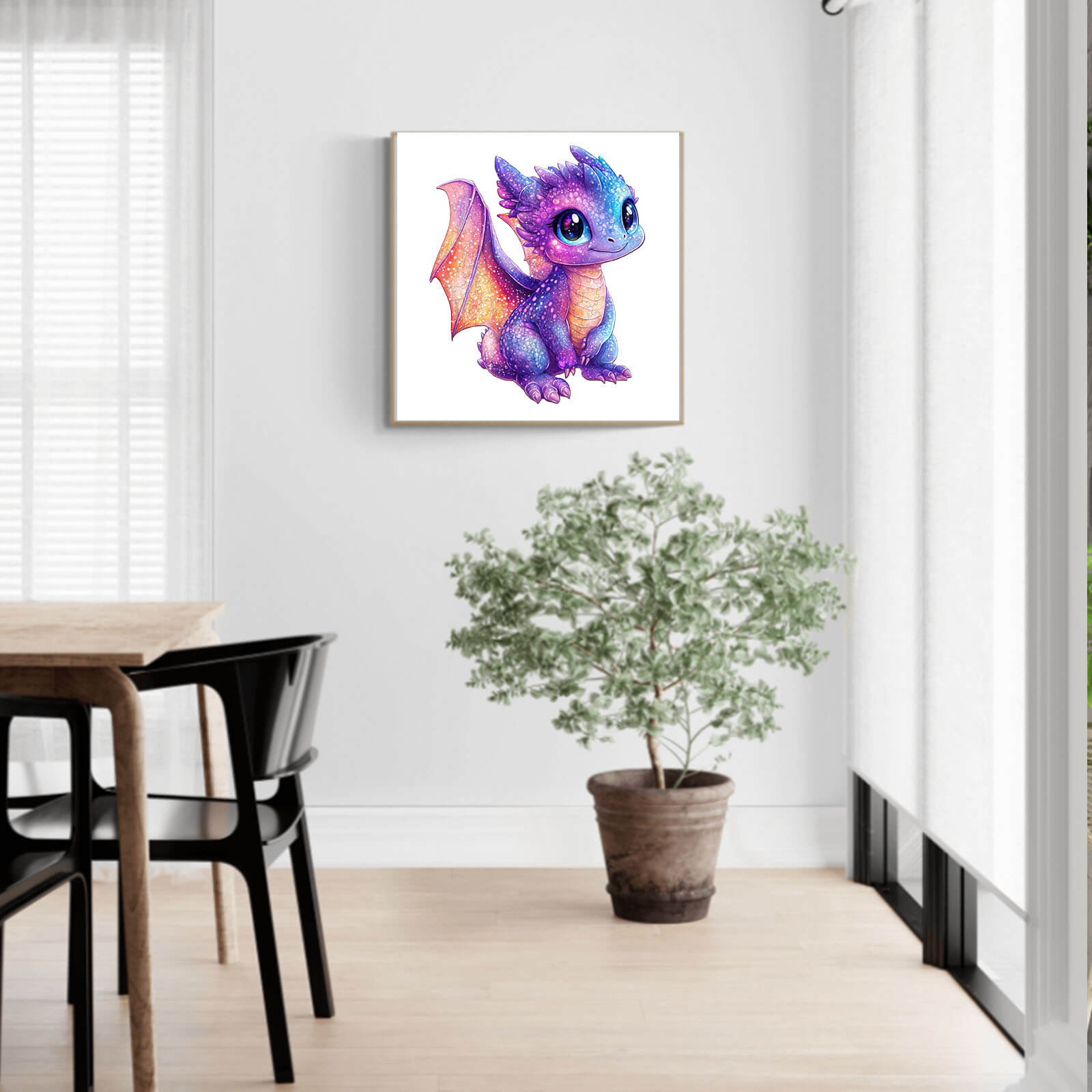 Colorful illustration of a cute dragon in a modern living space with indoor plant and table.