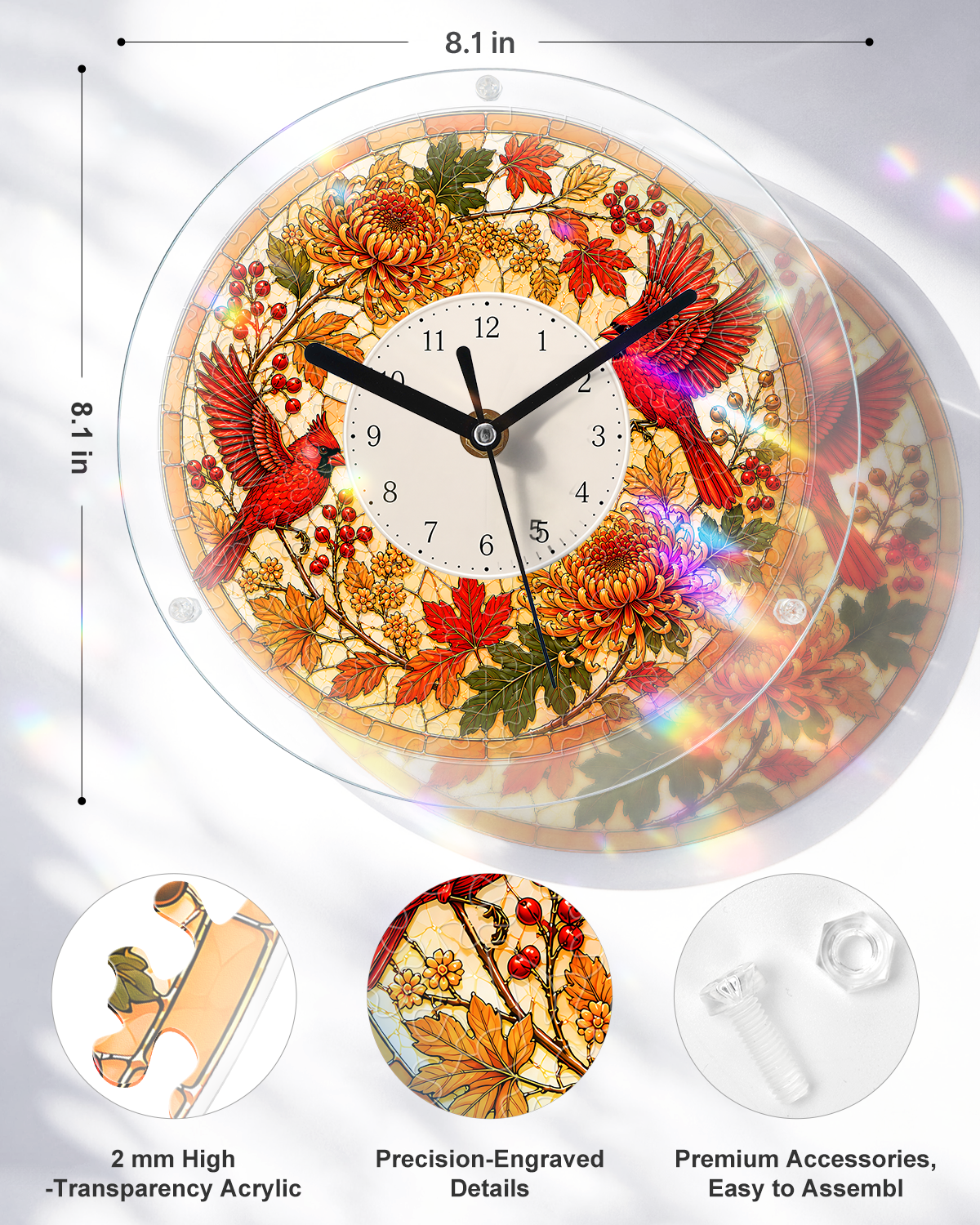 DIY Acrylpuzzle-Uhr Bausatz - Herbst Kardinäle Laub