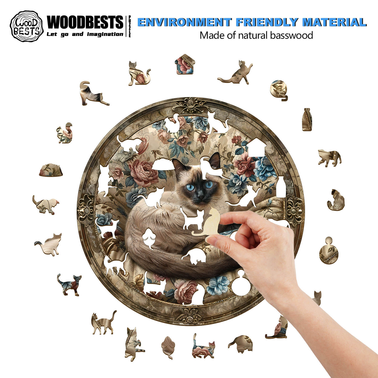 Person assembling a Vintage Siamese cat wooden jigsaw puzzle made from natural basswood, featuring intricate cat designs.