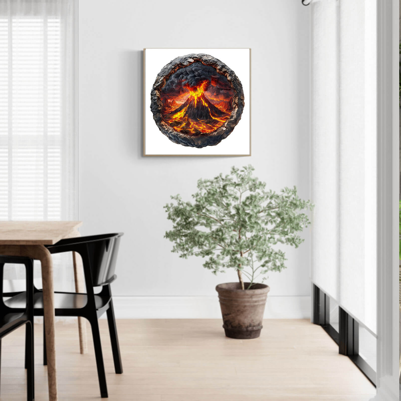 3D Volcanic Eruption Wooden Jigsaw Puzzle displayed in a modern room with a plant and natural light.
