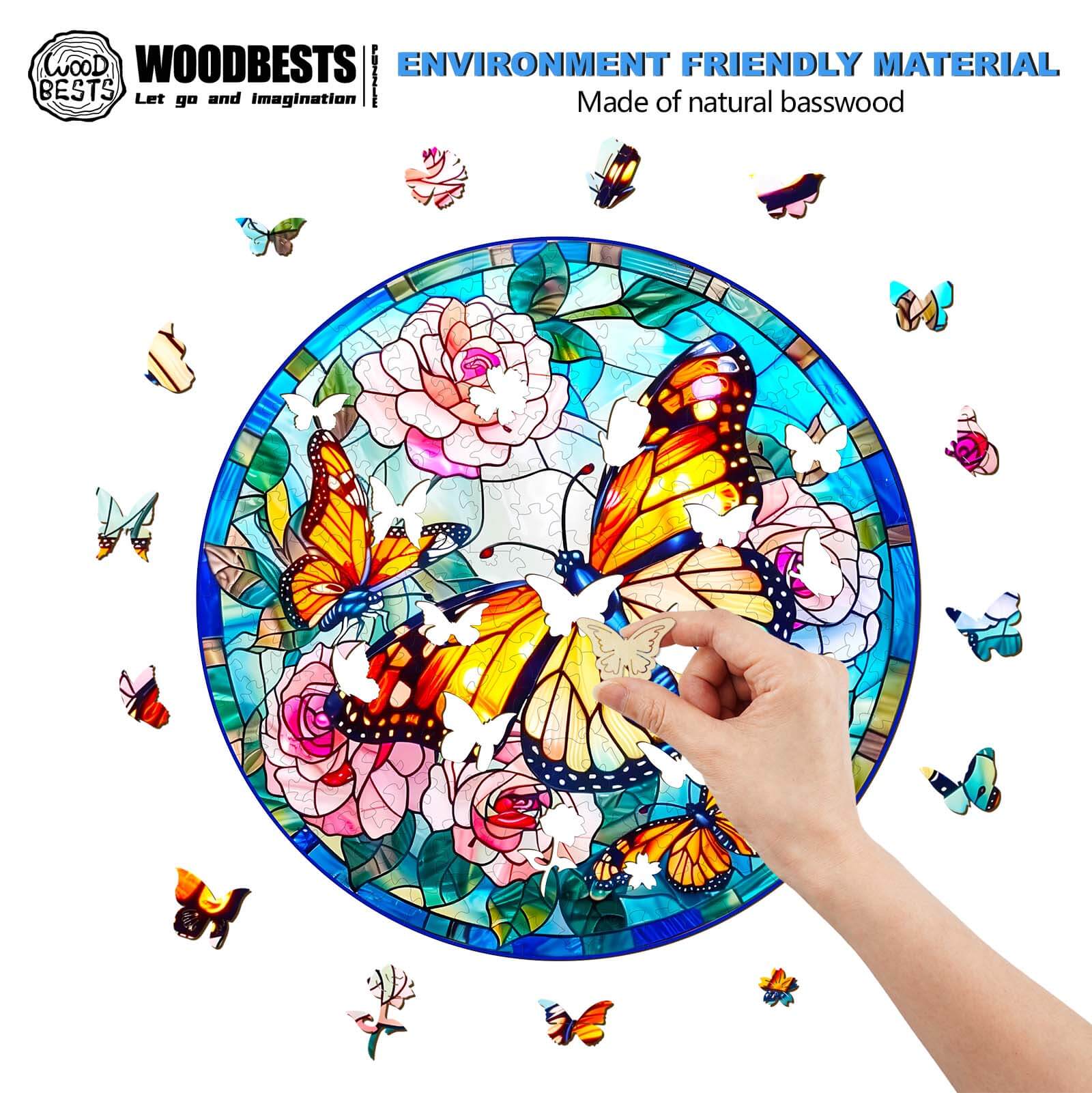 Hand placing a piece in a stained glass butterfly wooden jigsaw puzzle, showcasing vibrant colors and natural basswood.