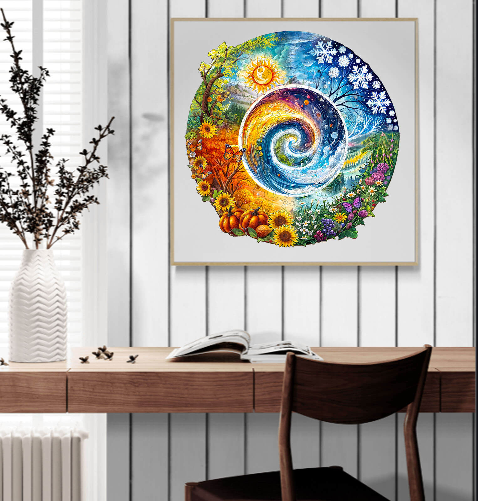 Colorful Seasons of Life wooden jigsaw puzzle displayed in a modern room, showcasing floral and seasonal designs.