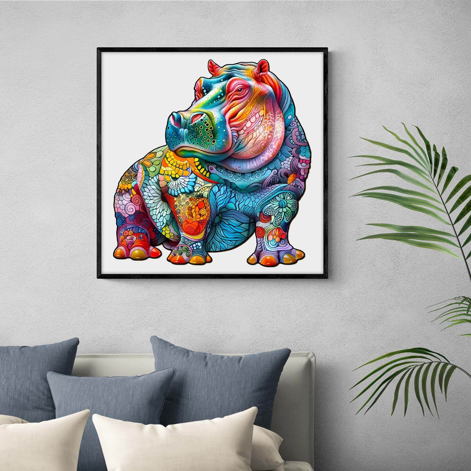 Colorful hippopotamus artwork in a stylish living room, showcasing intricate designs and vibrant colors.