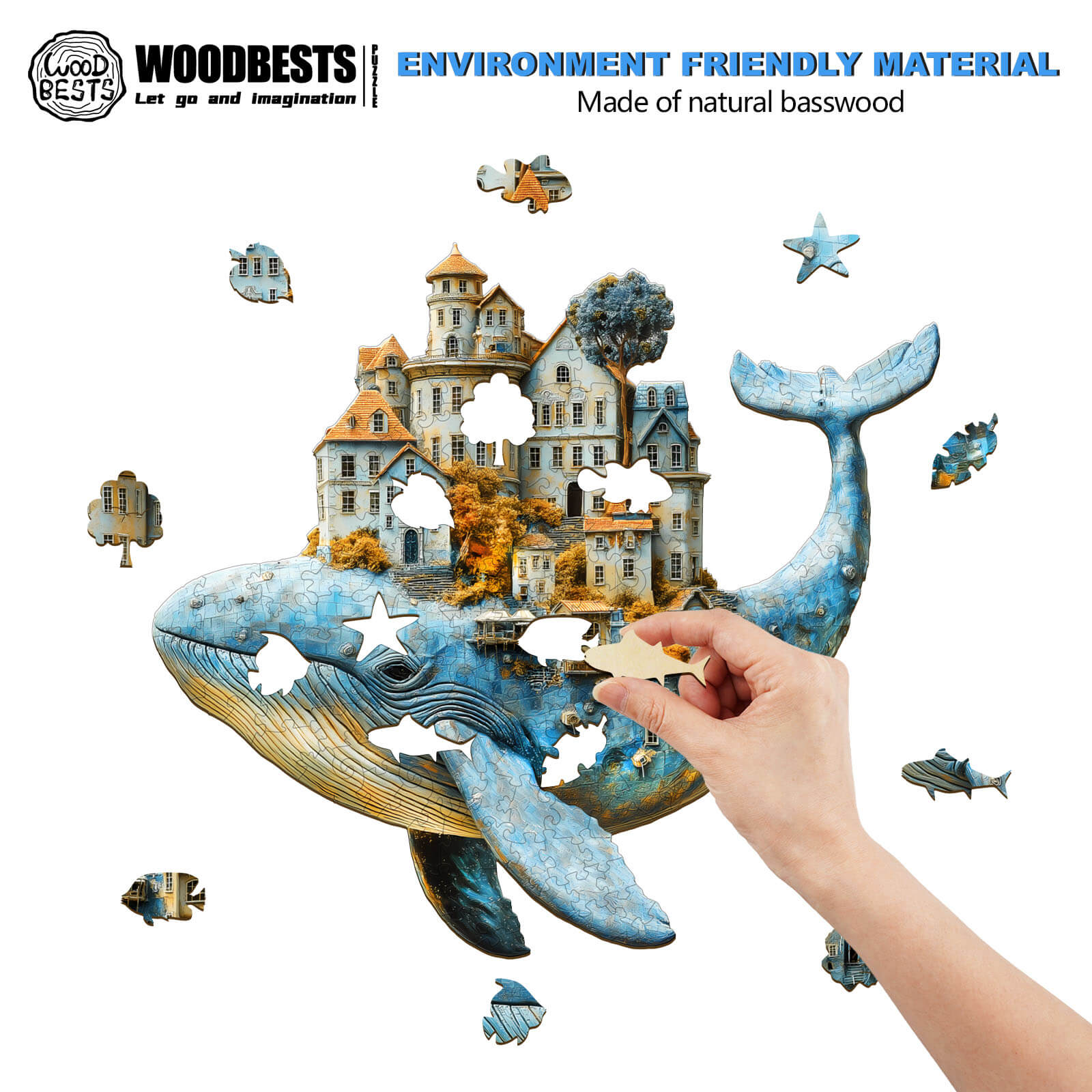 Hand placing a piece in a 3D Whale City wooden jigsaw puzzle made from natural basswood, promoting focus and creativity.