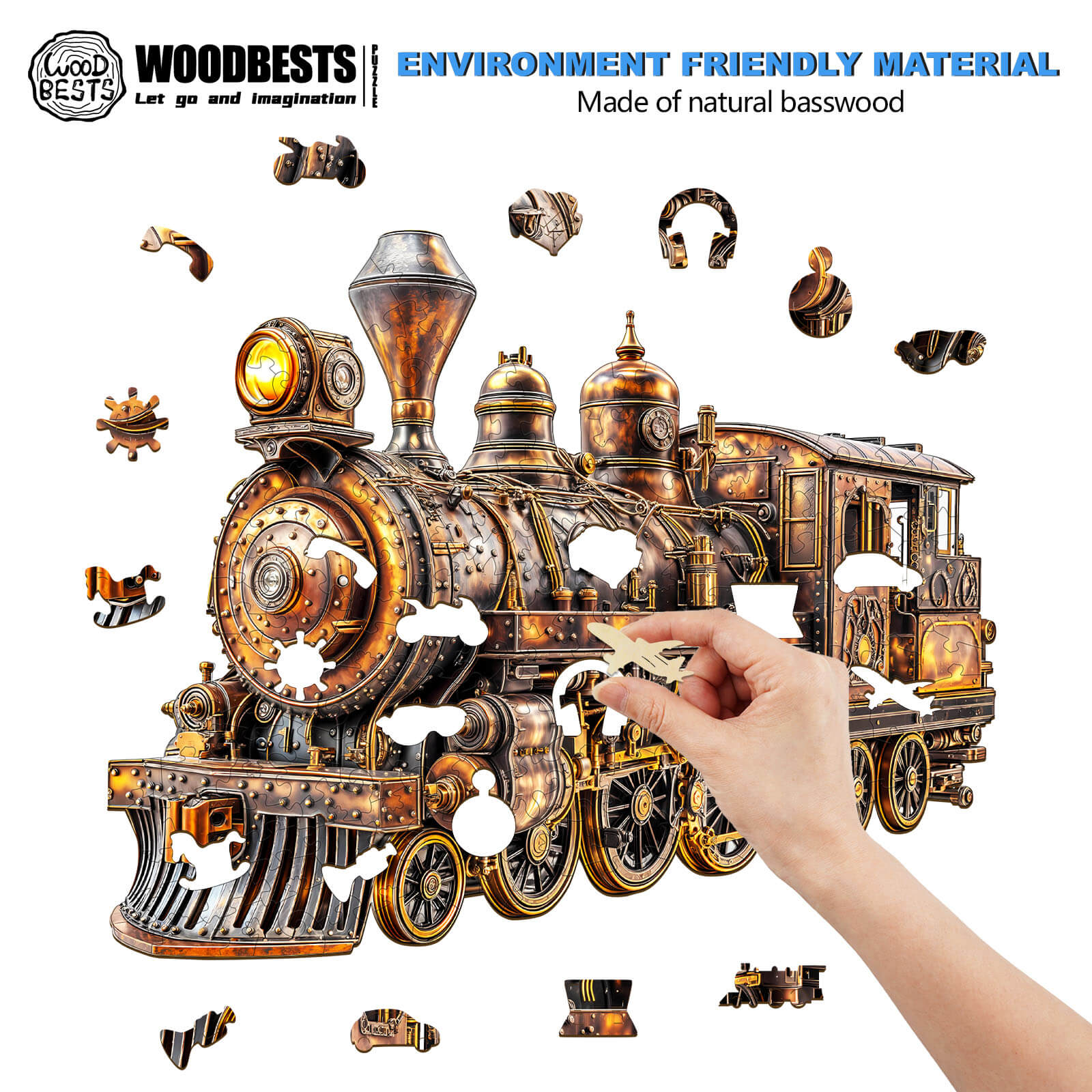 Person assembling a 3D Mechanical Steam Train Wooden Jigsaw Puzzle made of eco-friendly basswood.