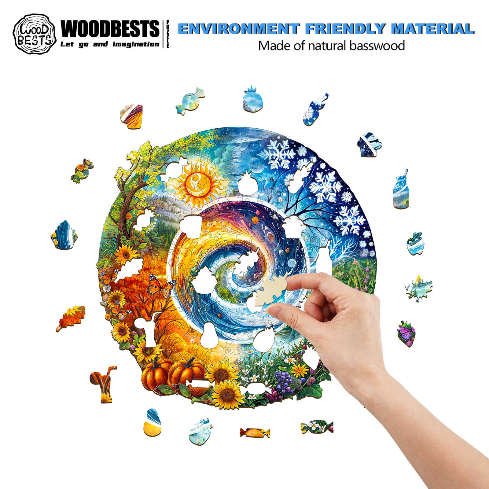 Person assembling the Seasons of Life wooden jigsaw puzzle made from natural basswood, showcasing vibrant seasonal scenes.