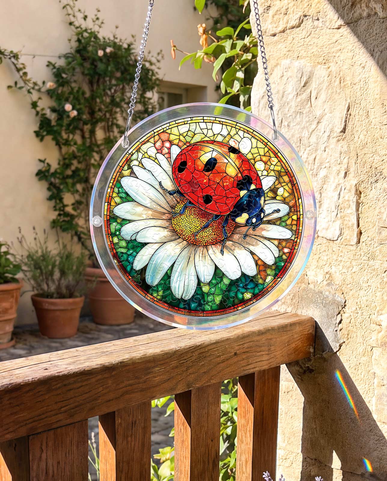 Acrylpuzzle-Sonnenfänger - Marienkäfer auf Gänseblümchen
