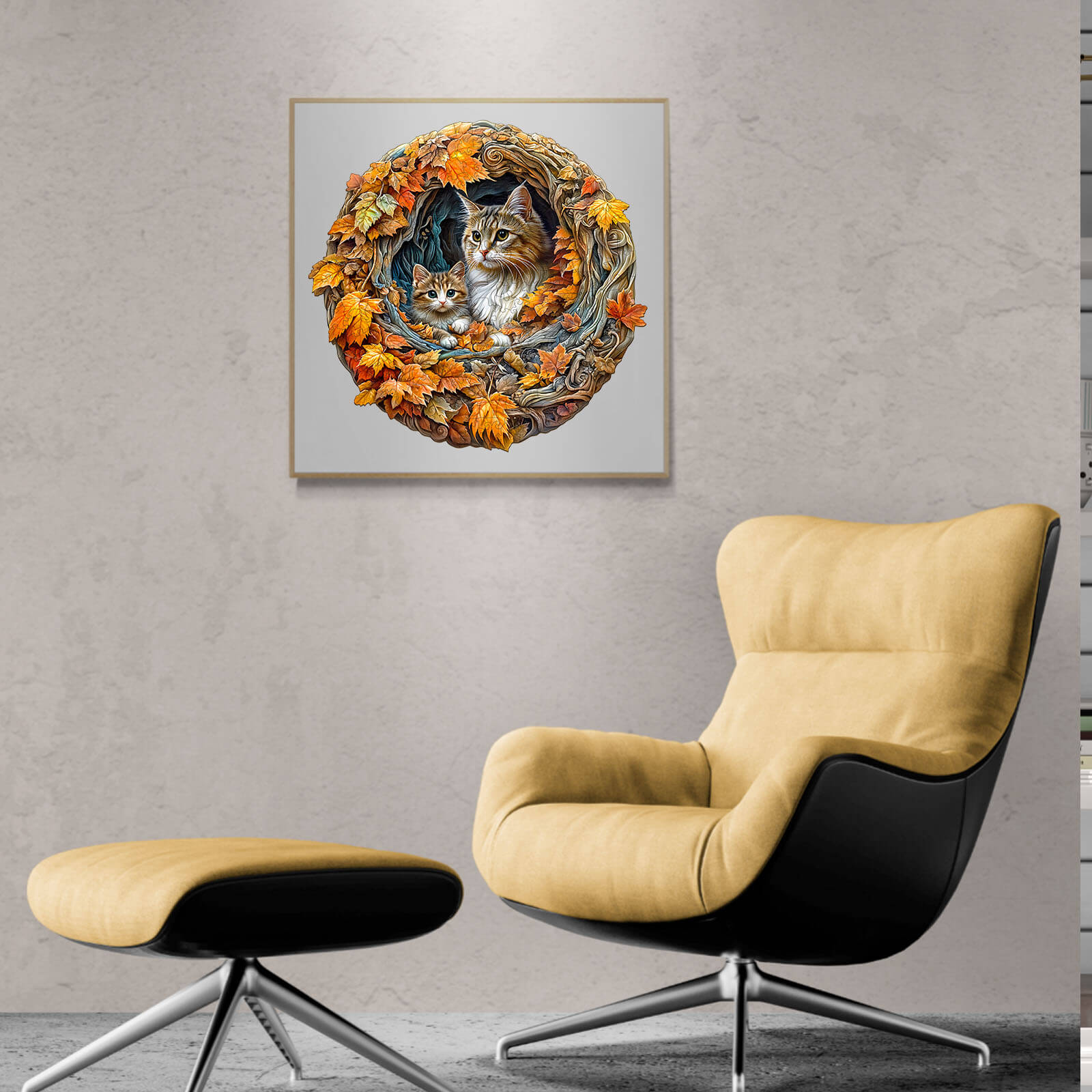 3D cat mom jigsaw puzzle featuring two cats framed by autumn leaves, enhancing focus and mindfulness in puzzle solving.