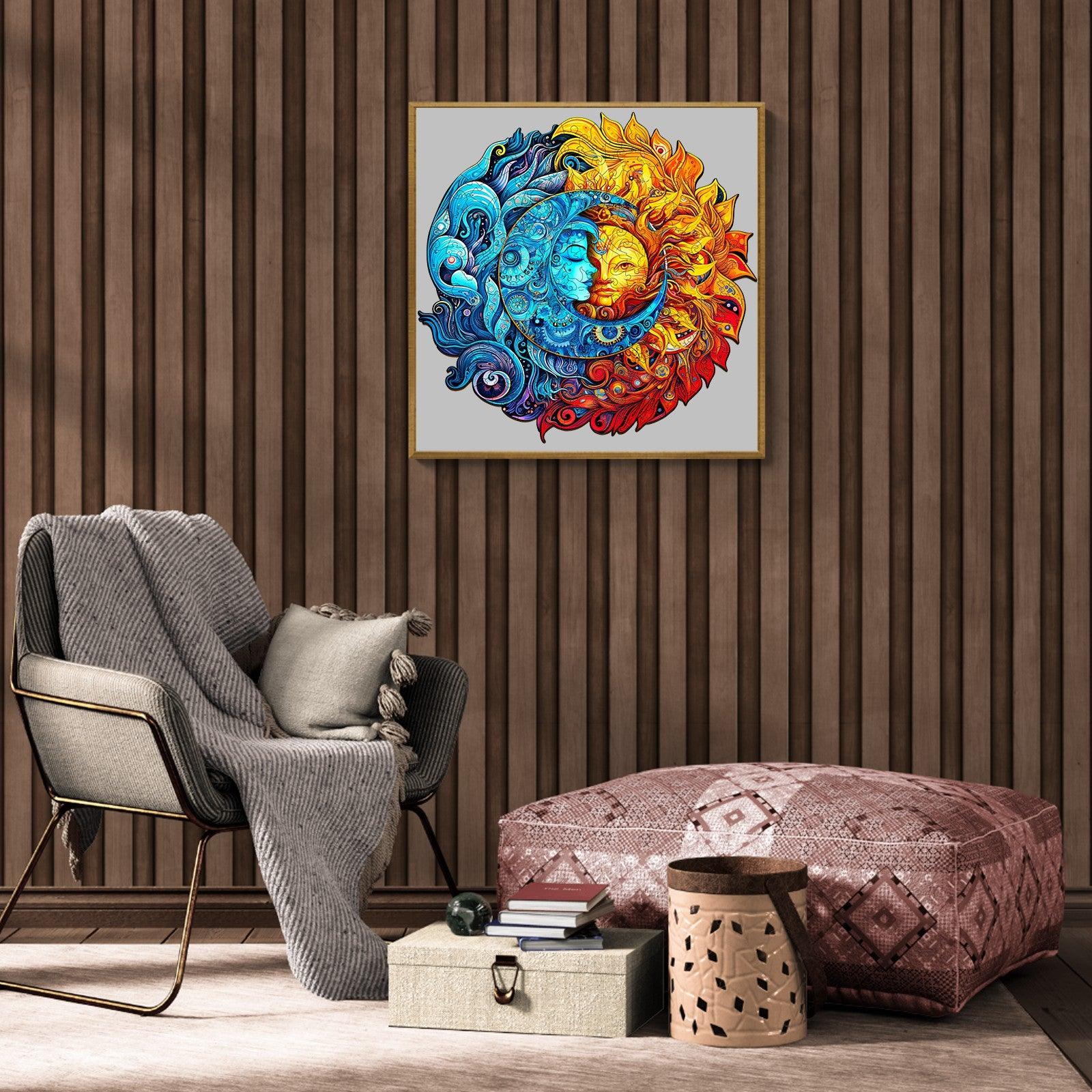Vibrant sun and moon wall art in a cozy living room setting, showcasing intricate designs and colors.