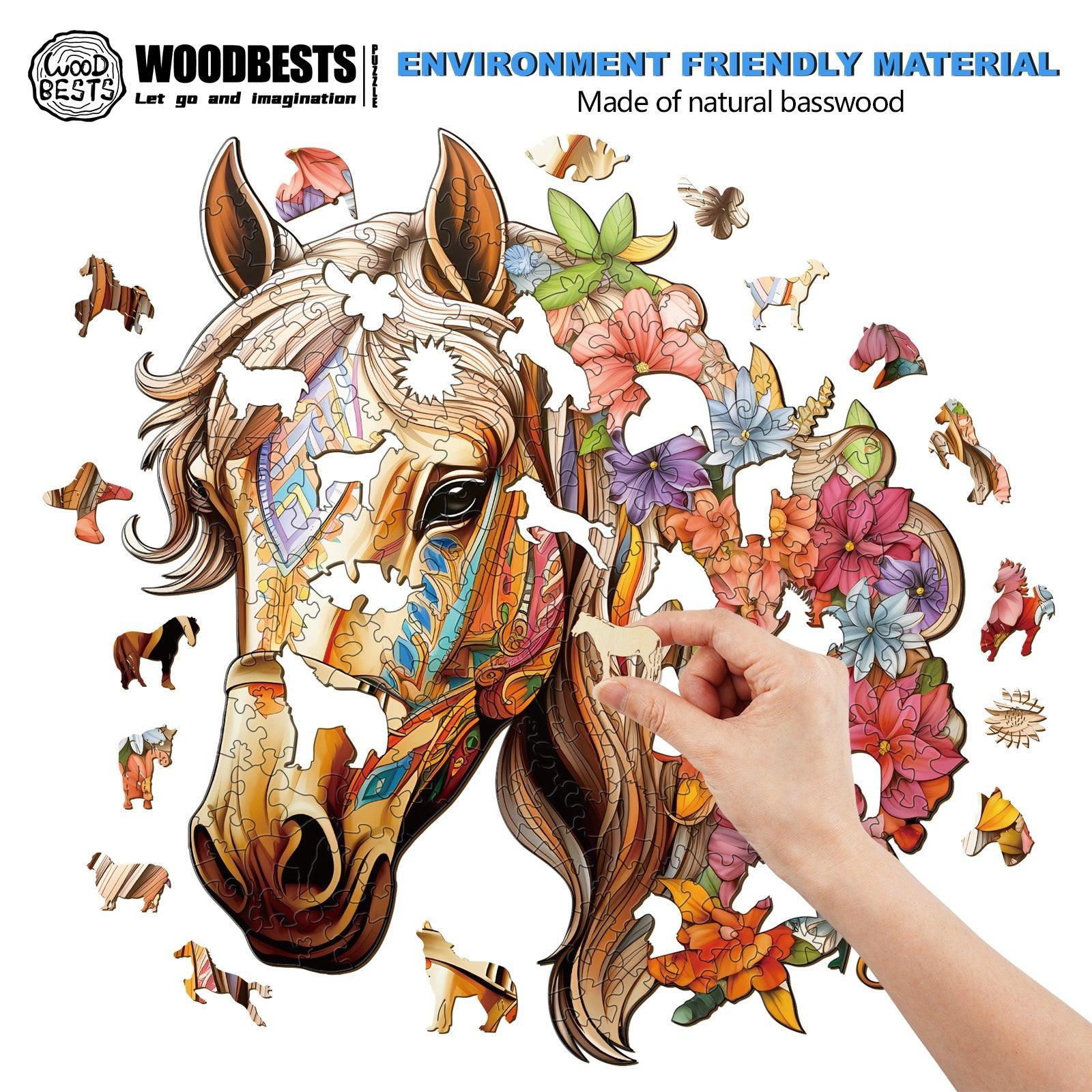 Hand assembling the Gentle Horse Wooden Jigsaw Puzzle, featuring vibrant colors and unique animal shapes.