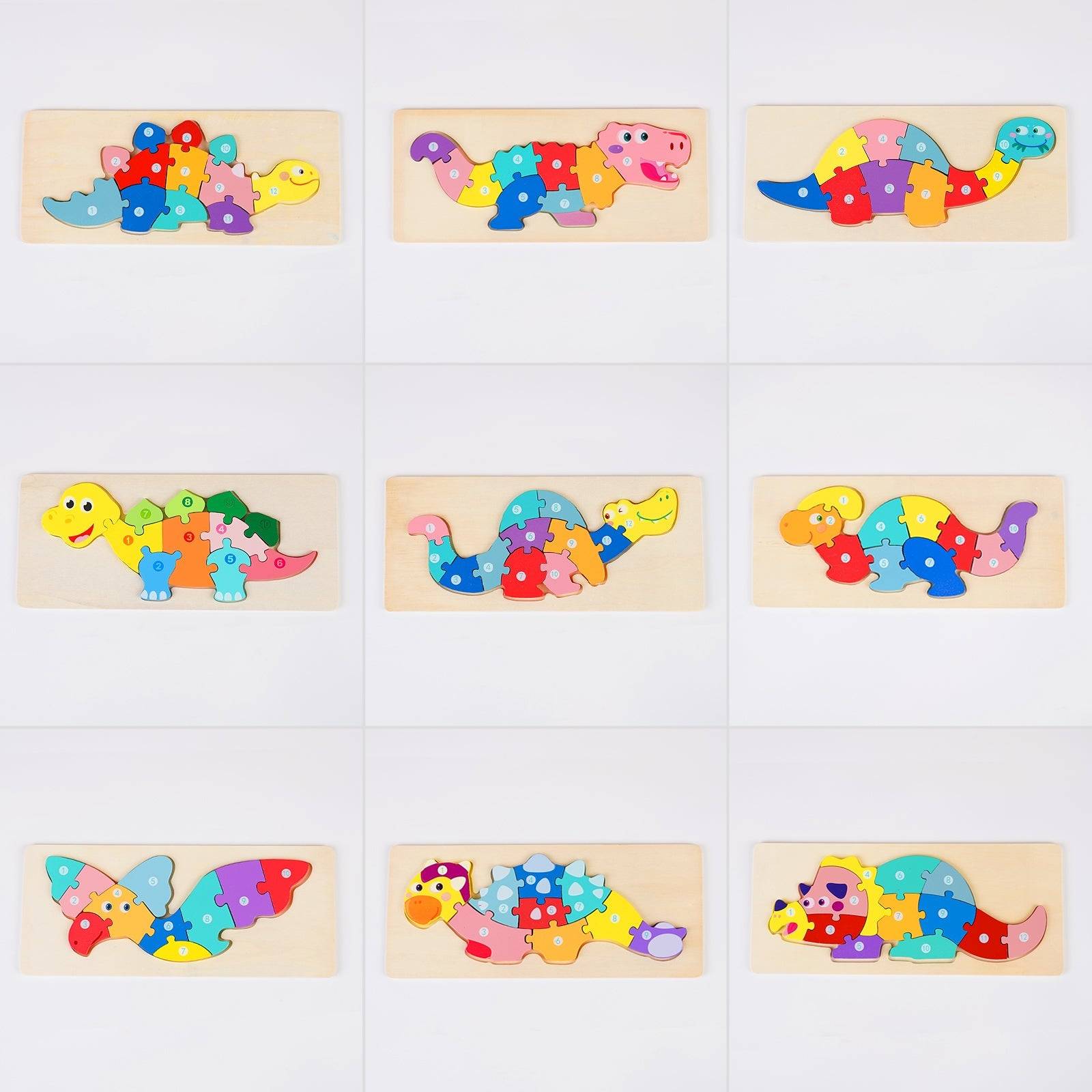 Colorful wooden animal stacking puzzles for toddlers featuring various dinosaurs and vibrant shapes.