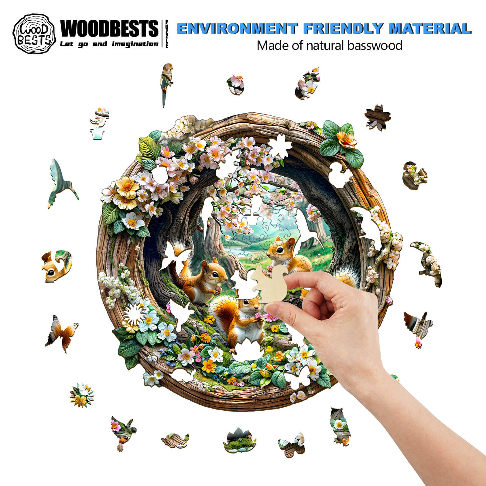 Hand assembling 3D Spring Squirrel wooden jigsaw puzzle made of natural basswood, featuring vibrant wildlife and flowers.