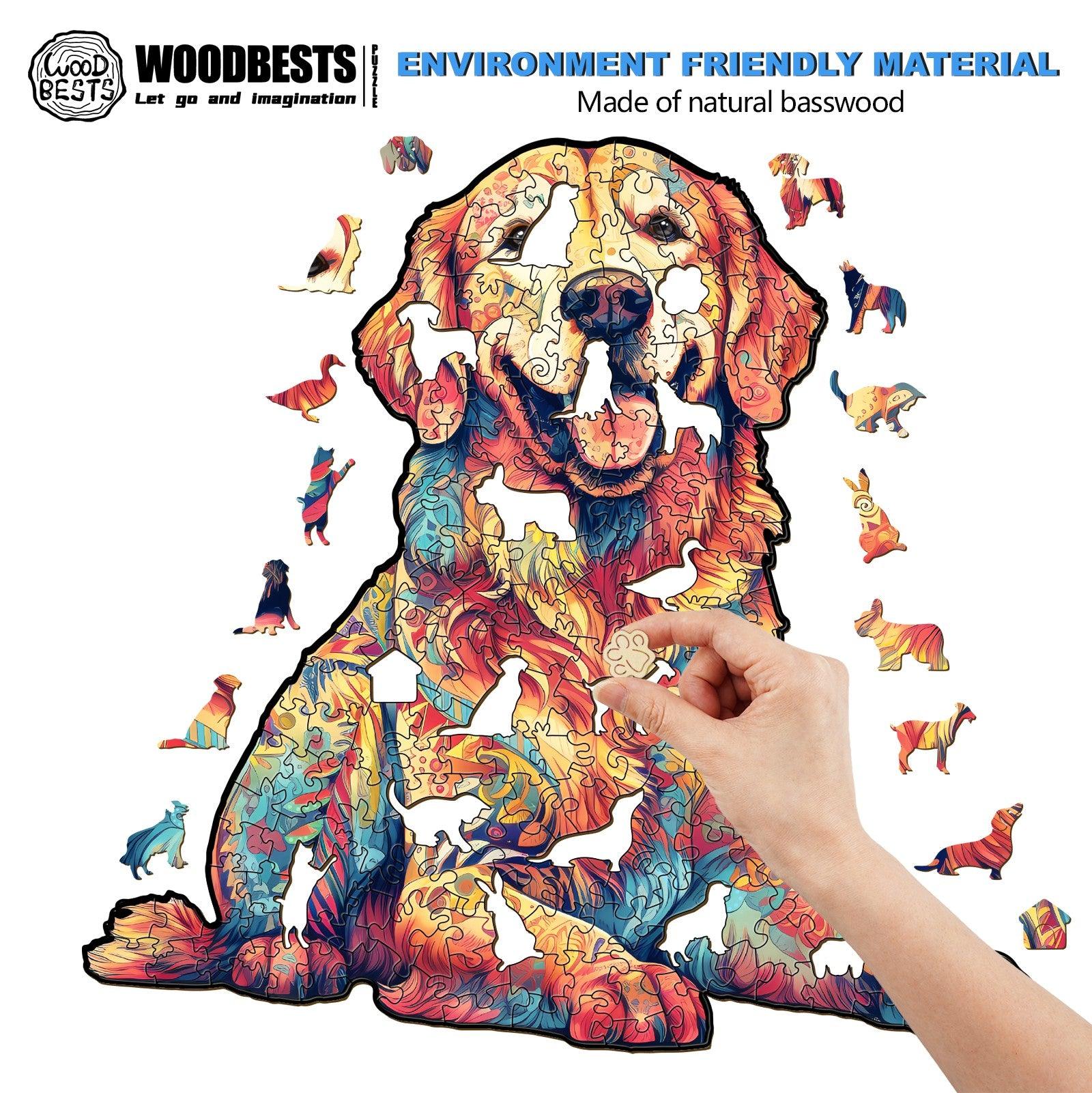 Colorful wooden jigsaw puzzle of a golden retriever, showcasing unique shapes and vibrant designs made from natural basswood.