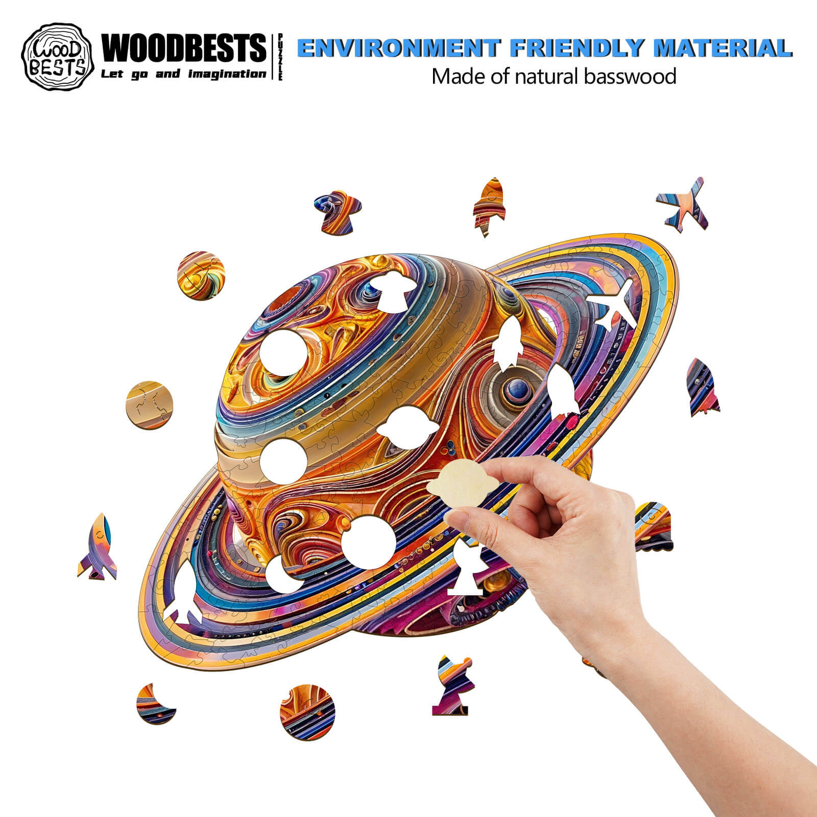 Colorful 3D Fantasy Saturn wooden jigsaw puzzle made from natural basswood, engaging mind game for puzzle lovers.