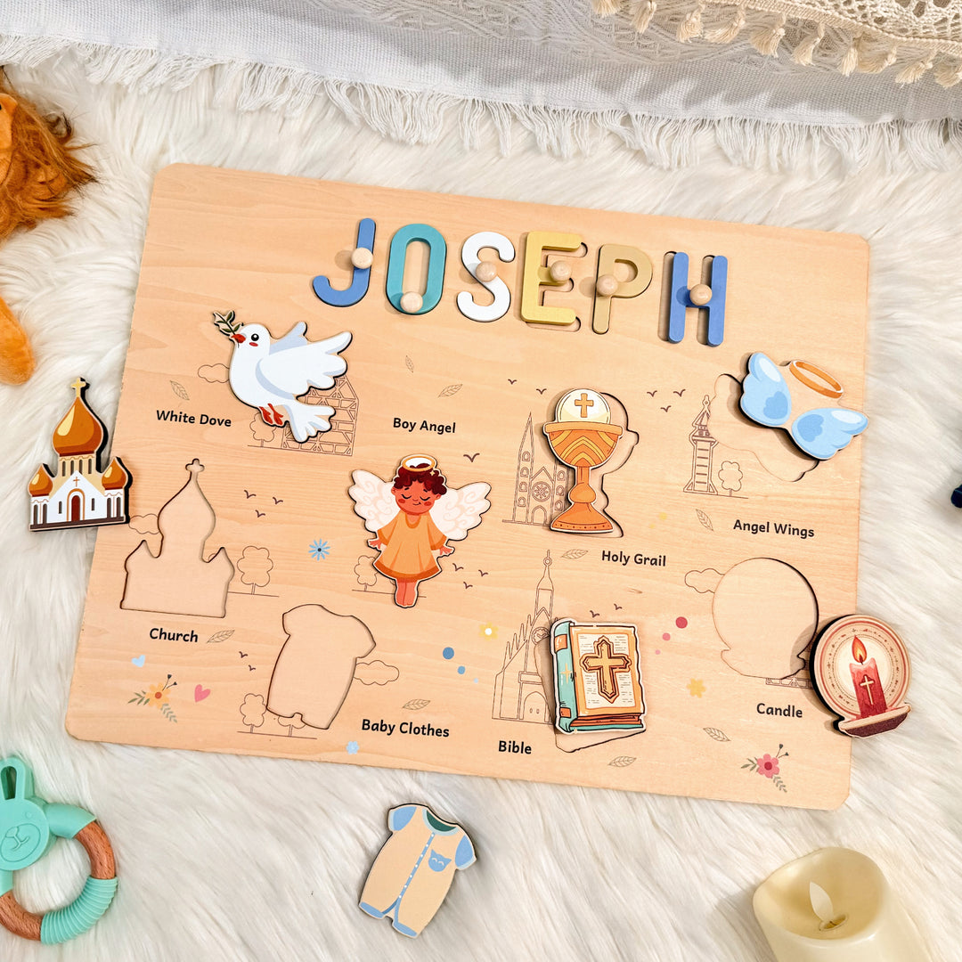 Personalized Wooden Name Puzzle - Baptism Boy Set for Toddlers