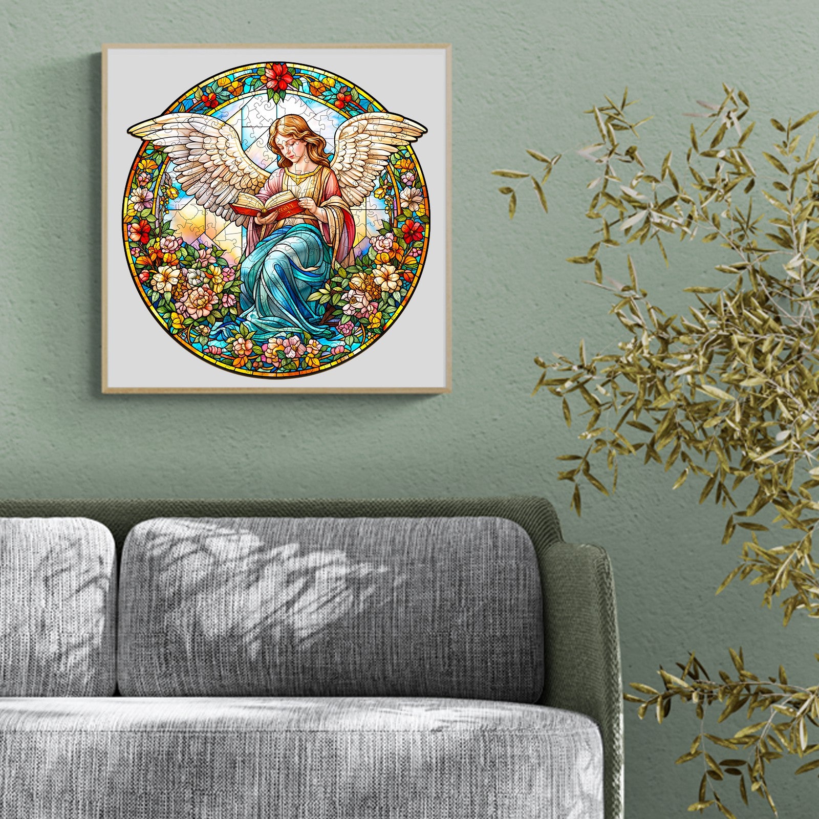 Angelic garden stained glass artwork featuring an angel surrounded by flowers, enhancing home decor and tranquility.