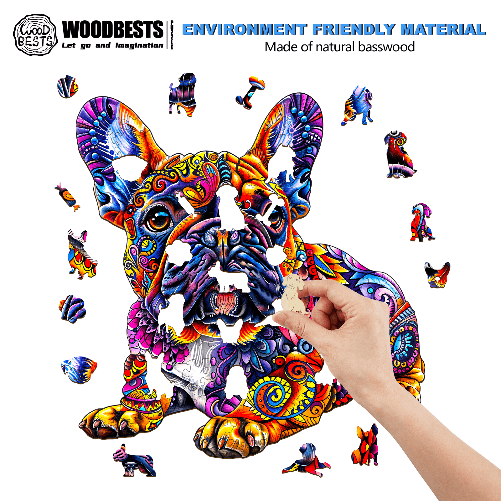 Colorful French Bulldog wooden jigsaw puzzle piece being placed, made from eco-friendly natural basswood.
