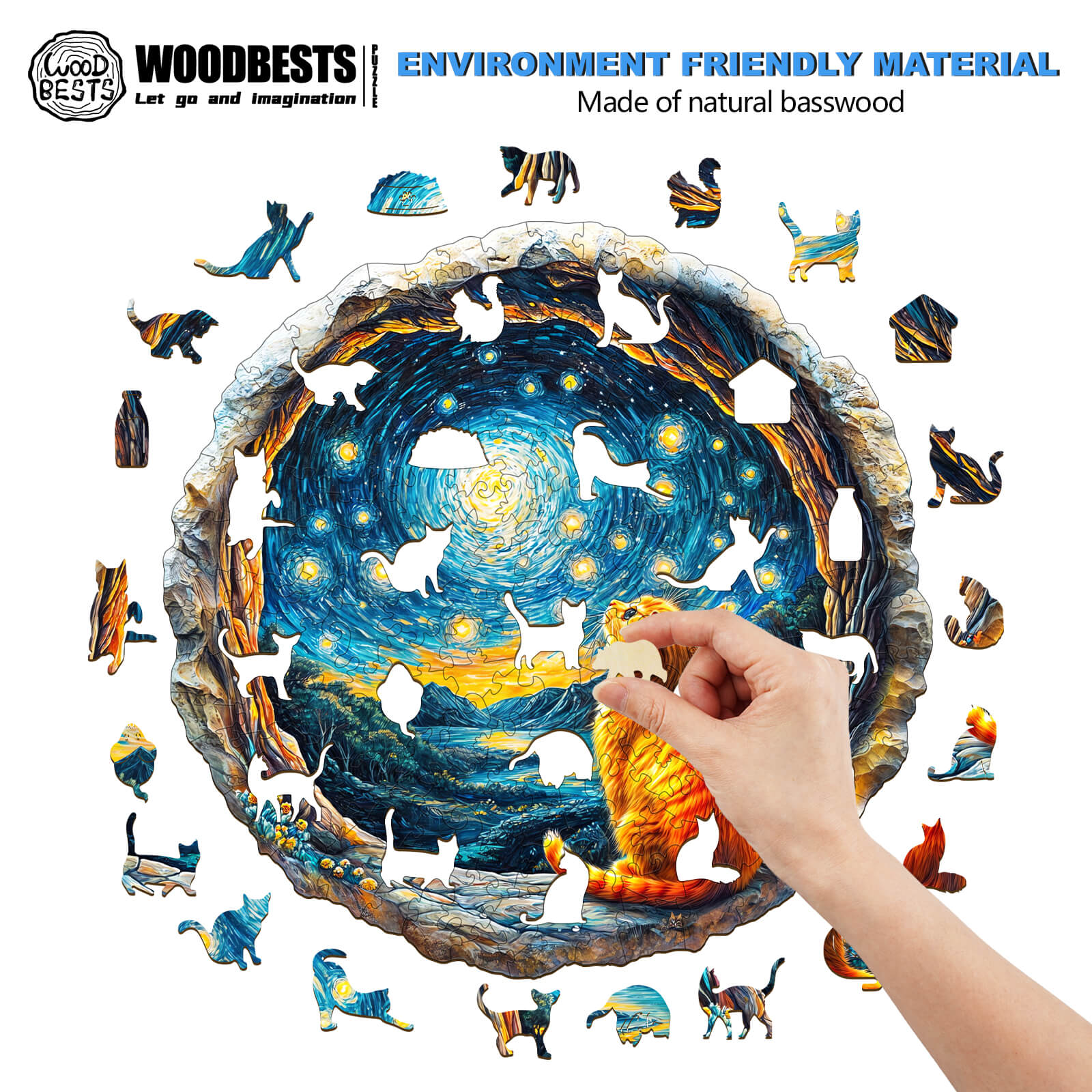Hand placing a piece in the 3D Starry Dream wooden jigsaw puzzle, featuring colorful animals and a starry scene.