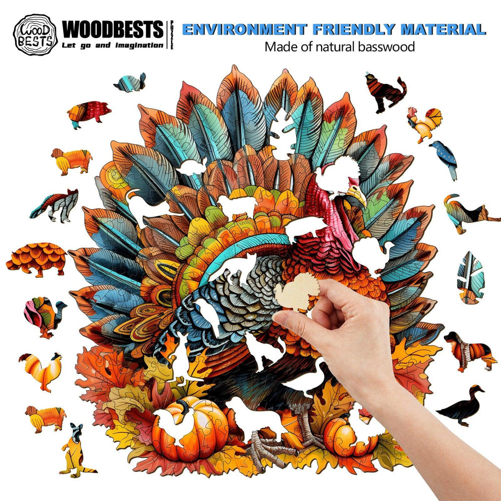 Colorful turkey wooden jigsaw puzzle with vibrant pieces made from natural basswood, showcasing eco-friendly craftsmanship.