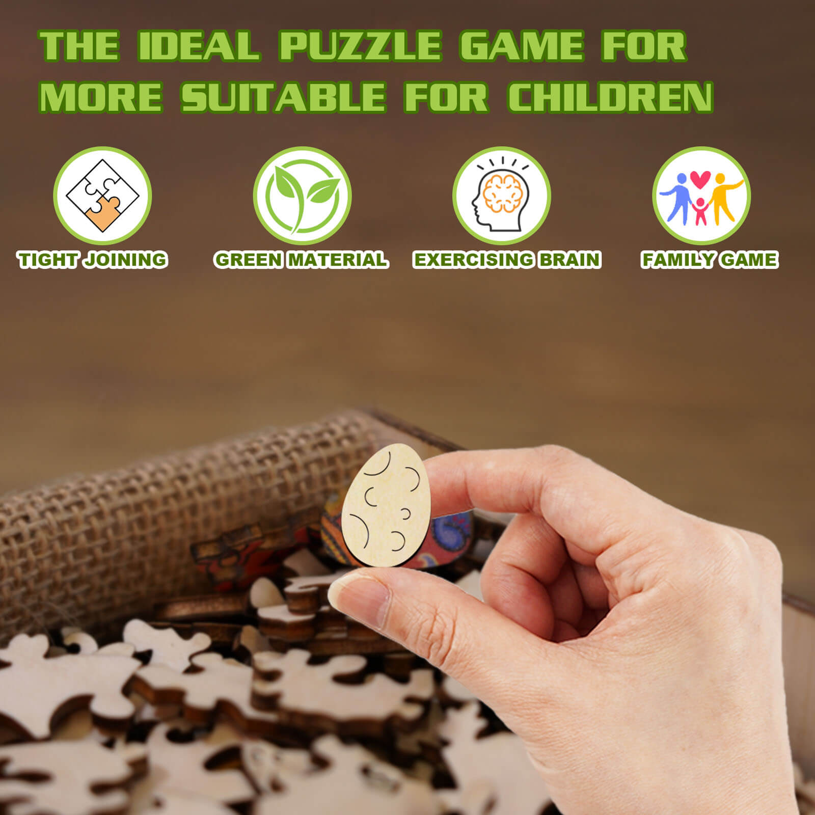 Hand holding a wooden puzzle piece emphasizing family fun, brain exercise, and green materials for children's games.