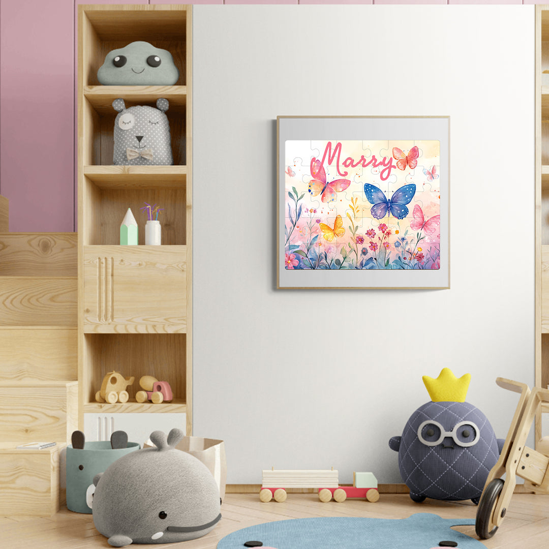 Butterfly in the flowers - Children's Name Custom Wooden Jigsaw Puzzle