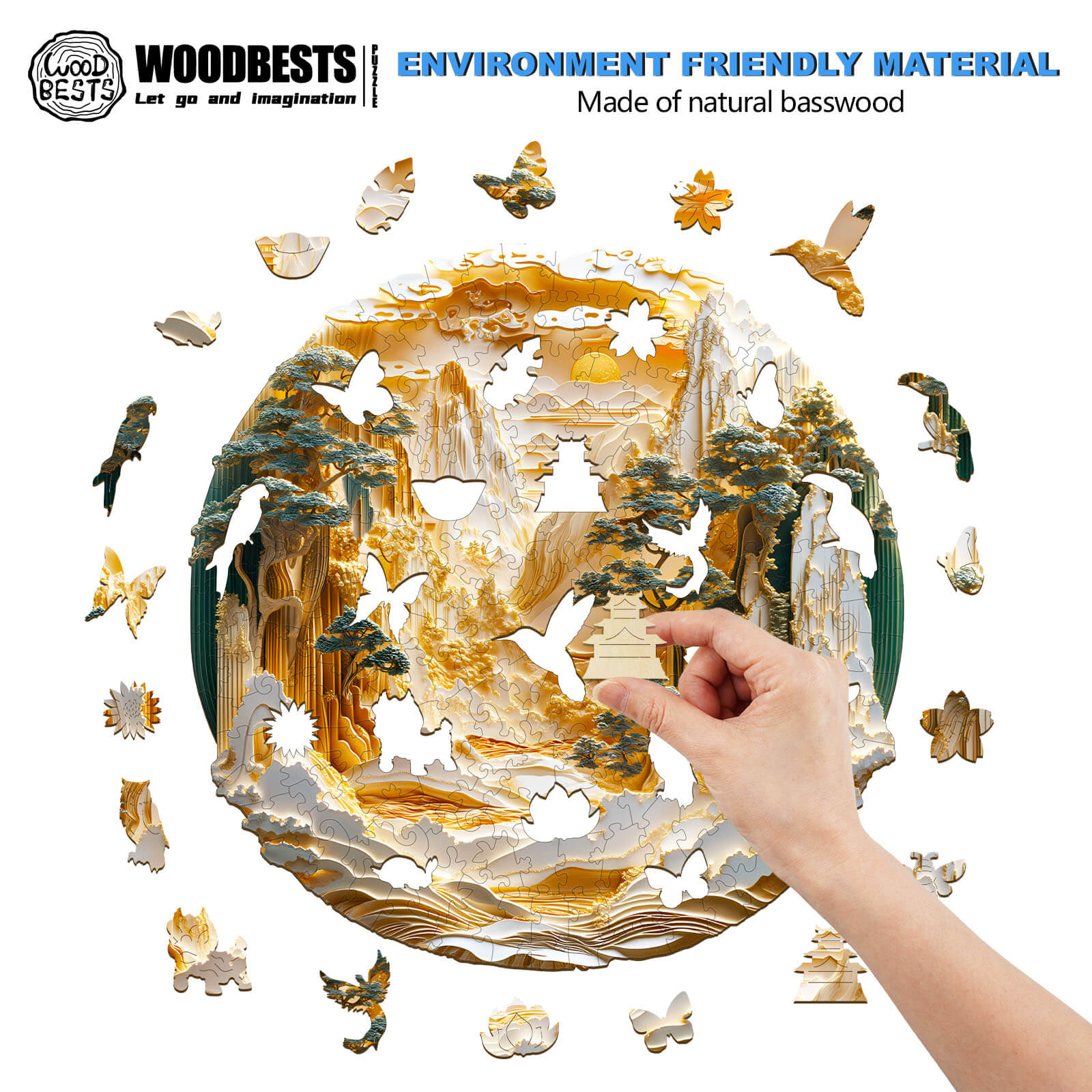 Hand assembling a 3D Golden Mountains wooden jigsaw puzzle made of natural basswood, featuring detailed nature imagery.