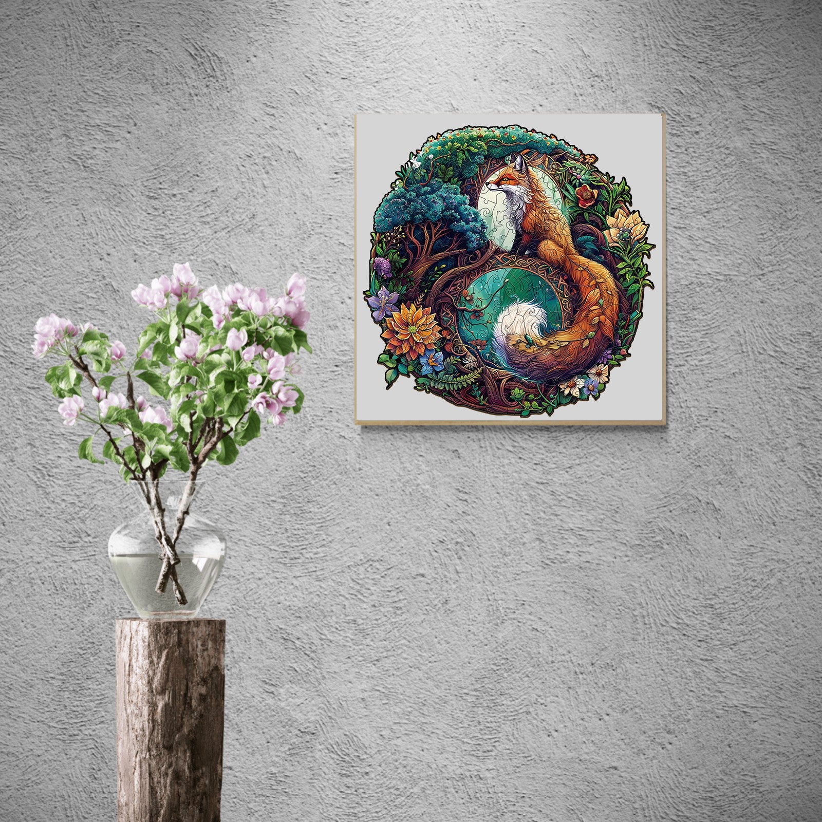 Yin Yang Fox-3 Wooden Jigsaw Puzzle displayed on a wall, featuring vibrant colors and intricate design for puzzle lovers.