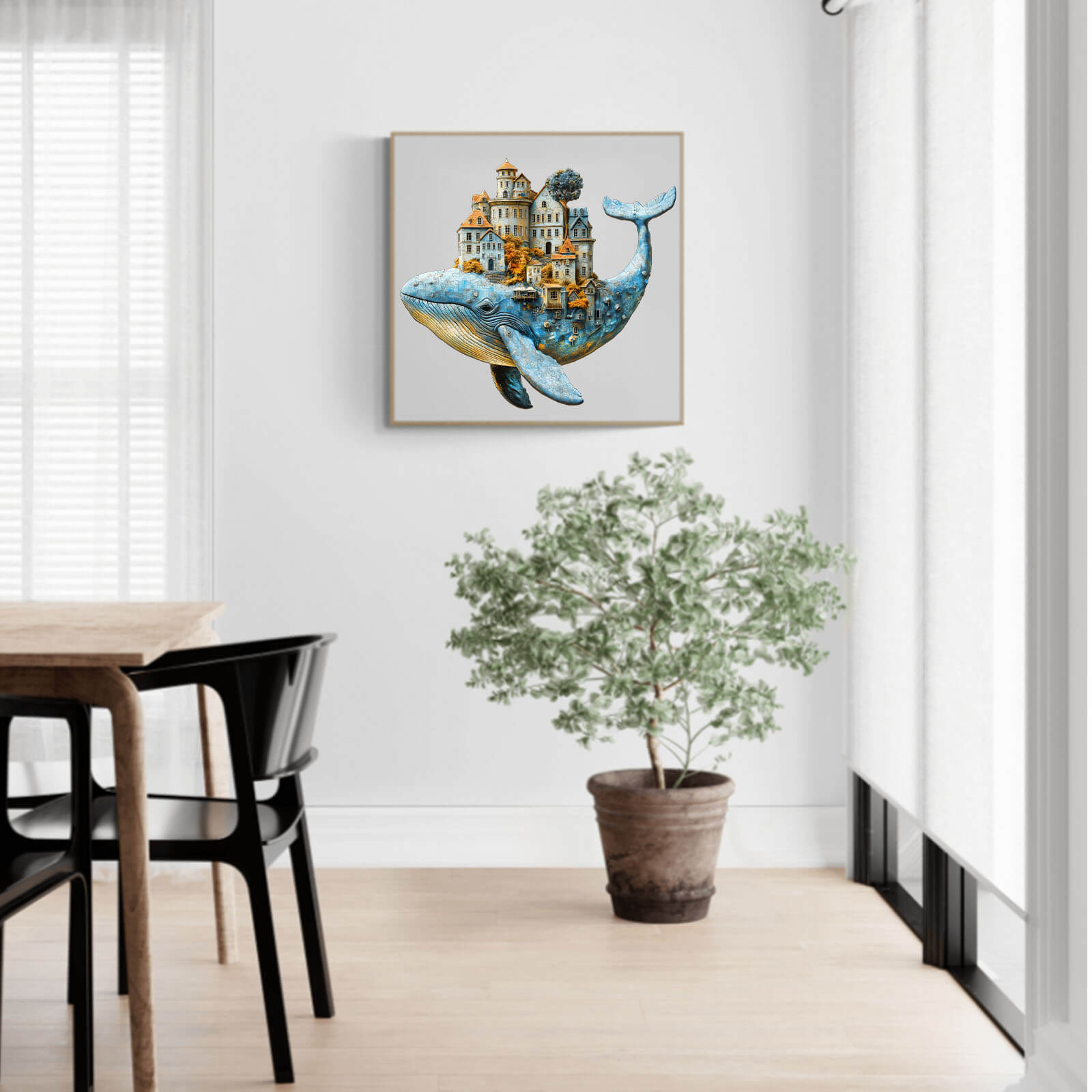 3D Whale City wooden jigsaw puzzle displayed in modern room with plants and natural light