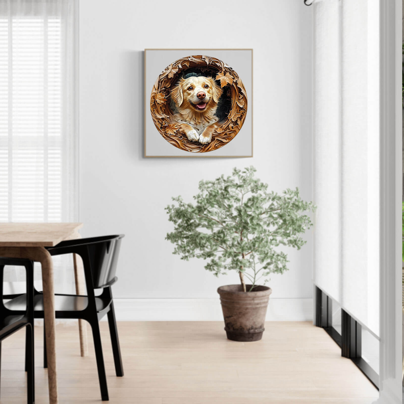 3D Golden Retriever-2 wooden jigsaw puzzle in a modern living room setting with indoor plant.