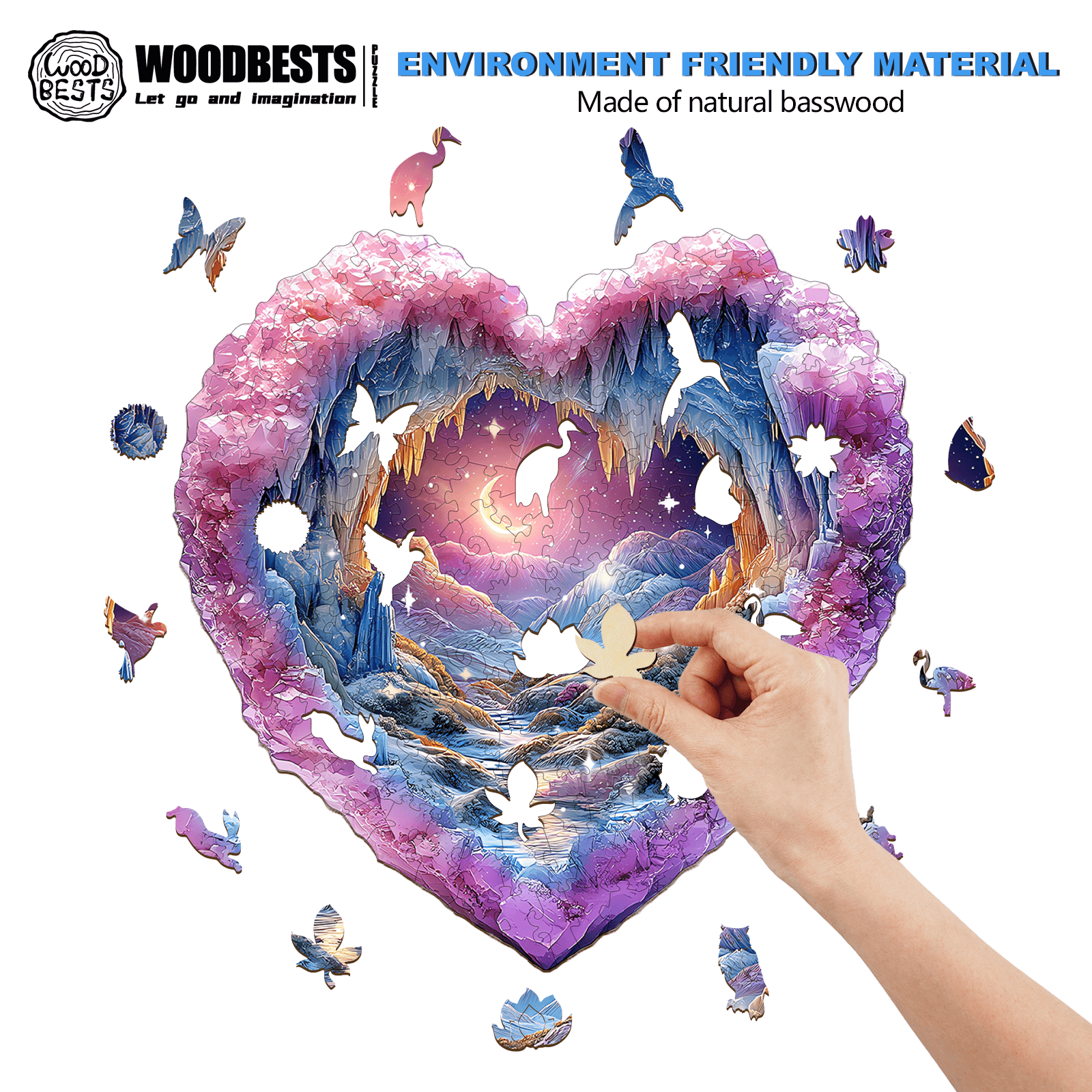 Hand assembling a 3D Romantic Star wooden jigsaw puzzle made of natural basswood, showcasing vibrant heart-shaped design.