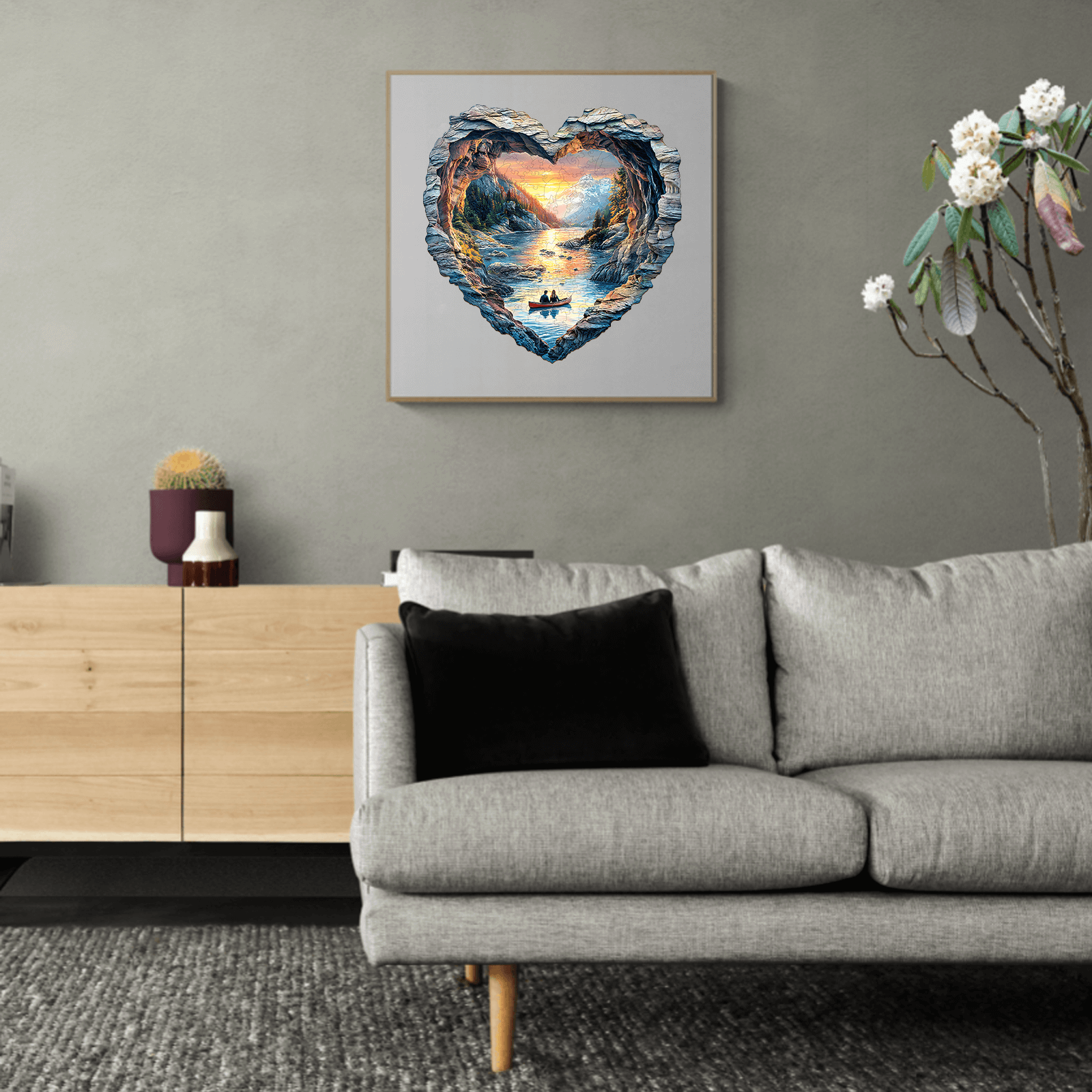 3D Lake Louise wooden jigsaw puzzle artwork displayed in a cozy living room with modern decor.