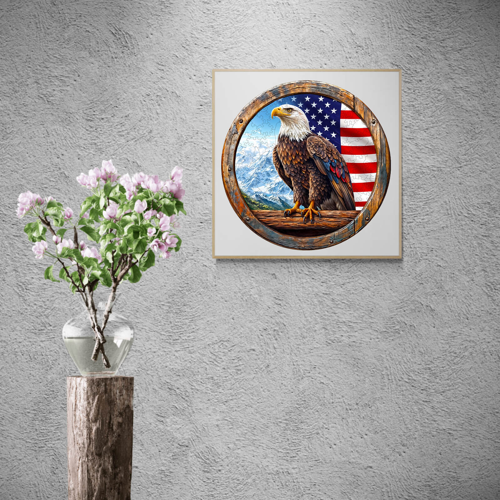 3D Bald Eagle artwork framed against an American flag backdrop, showcasing nature and patriotism.