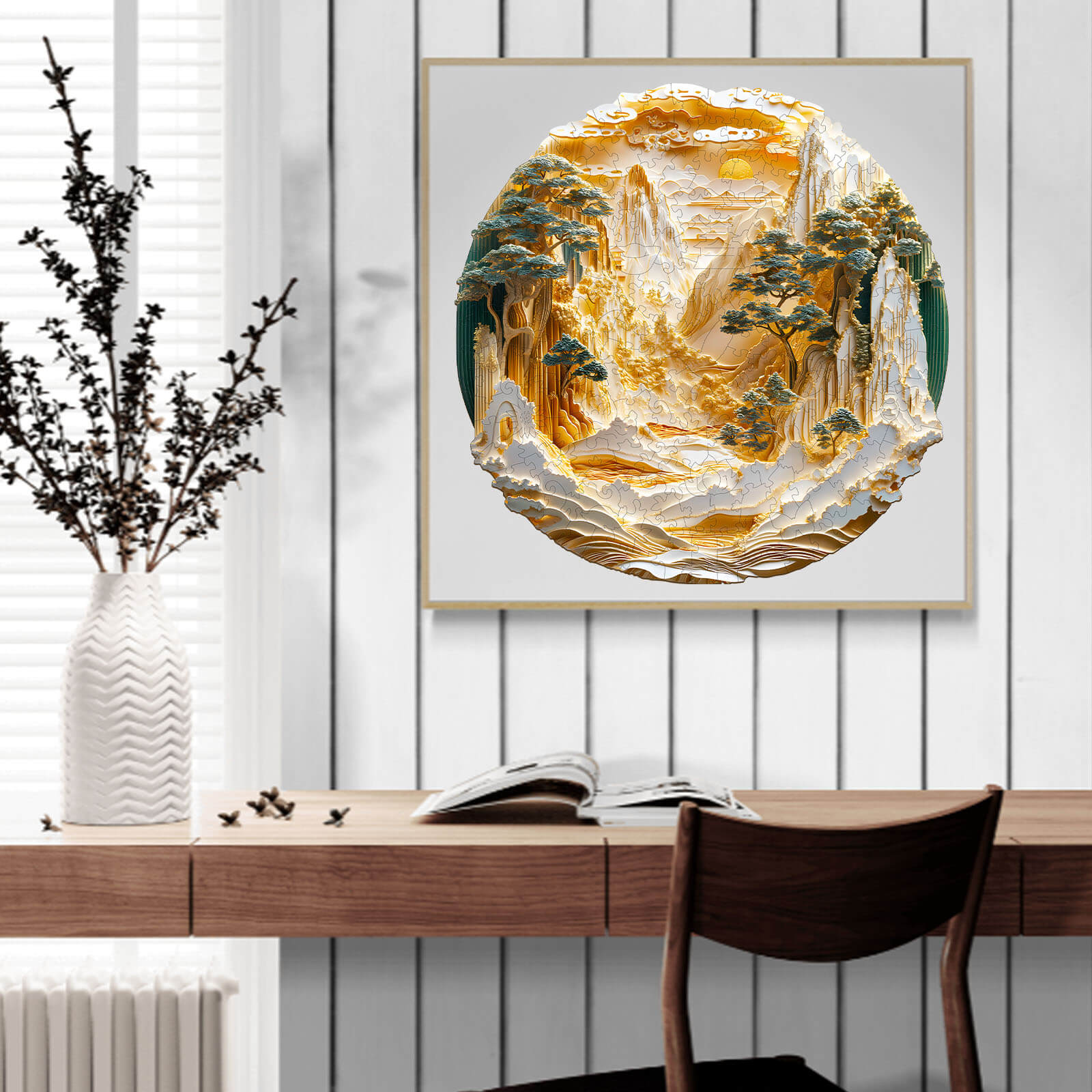 3D Golden Mountains Wooden Jigsaw Puzzle displayed in a modern interior setting, enhancing focus and cognitive skills.