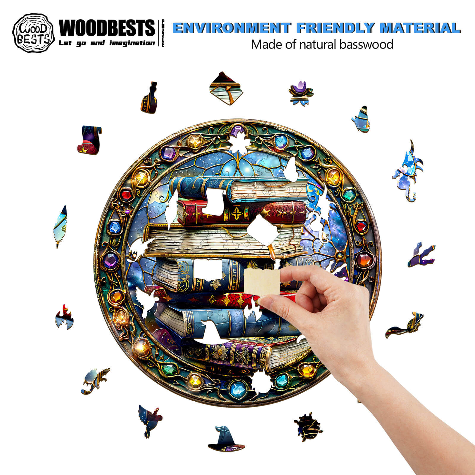 Magic tome-2 wooden jigsaw puzzle showcasing colorful pieces and eco-friendly design, enhancing focus and problem-solving skills.