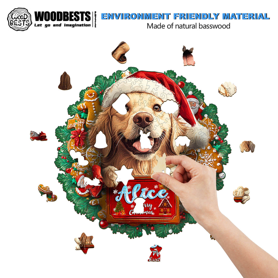 Christmas Golden Retriever Custom Name Wooden Jigsaw Puzzle - By Woodbests