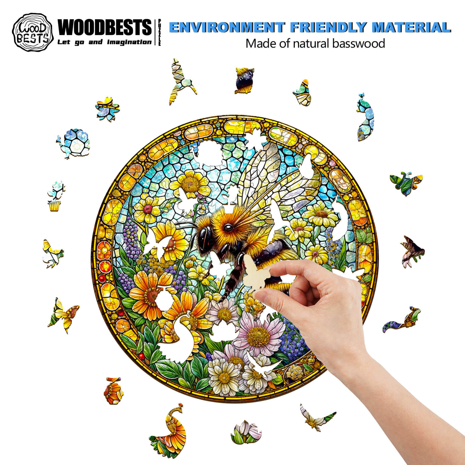 Bee spring wooden jigsaw puzzle made from natural basswood, engaging your mind while solving vibrant floral designs.
