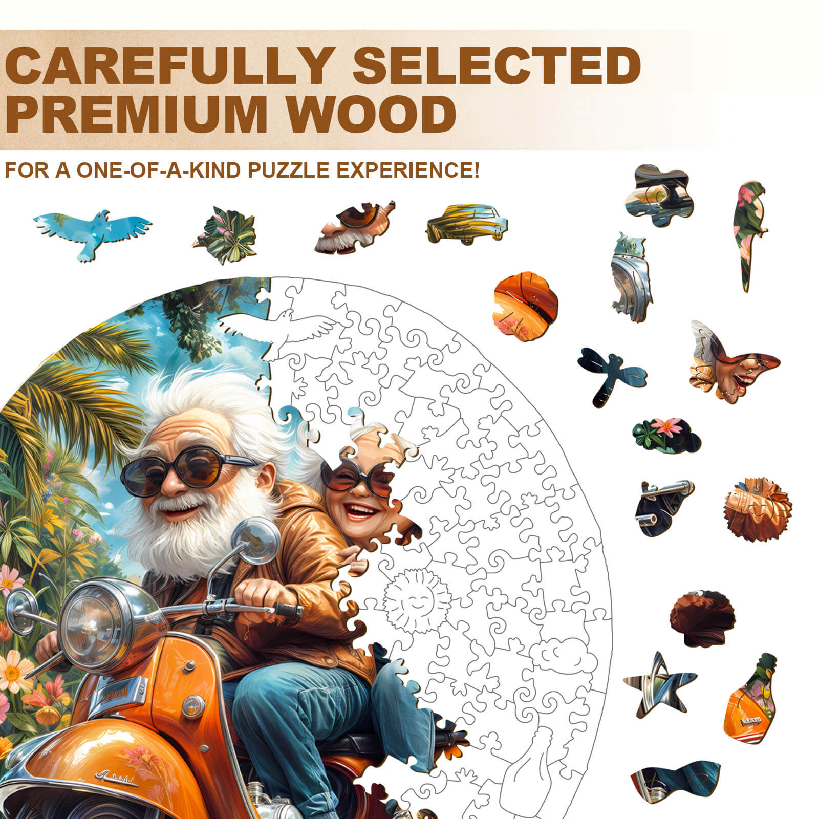 Motorcycle Granny-2 wooden jigsaw puzzle featuring vibrant artwork and unique, carefully selected pieces for a fun challenge.