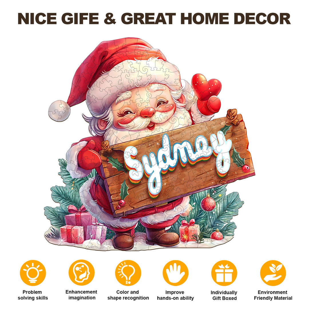 Santa Claus Custom Name Wooden Jigsaw Puzzle