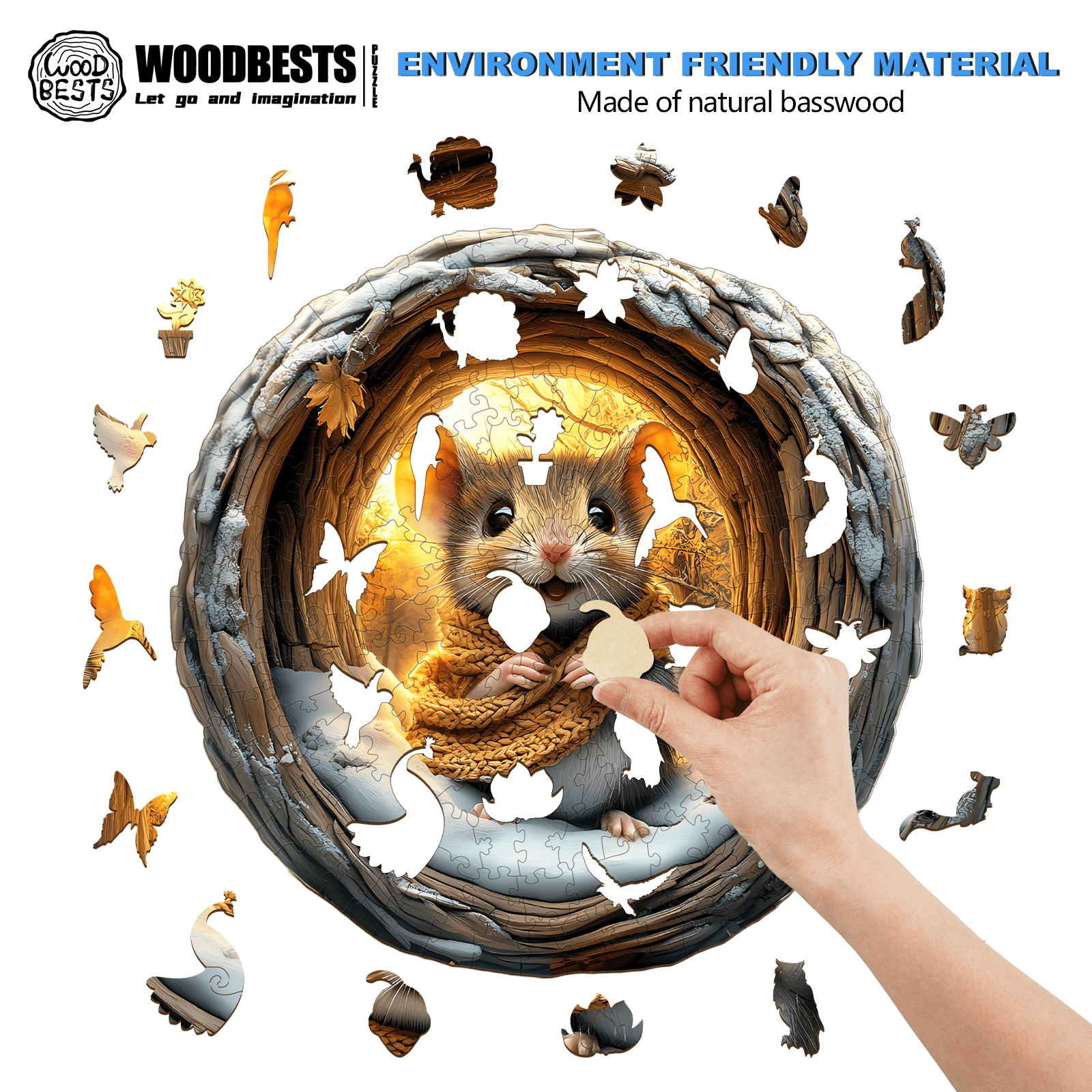 3D Cave Mouse wooden jigsaw puzzle featuring a detailed design and natural basswood material for eco-friendly fun.
