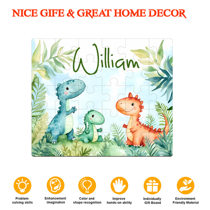 Dinosaur Family - Children's Name Custom Wooden Jigsaw Puzzle