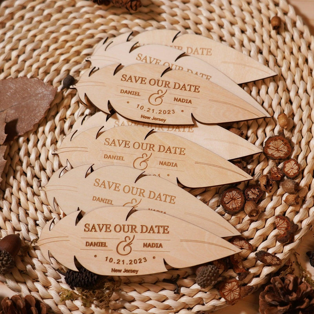 Wedding Invitation Set Rustic Wooden Save the Date Magnet 6x2'' with Kraft Envelope